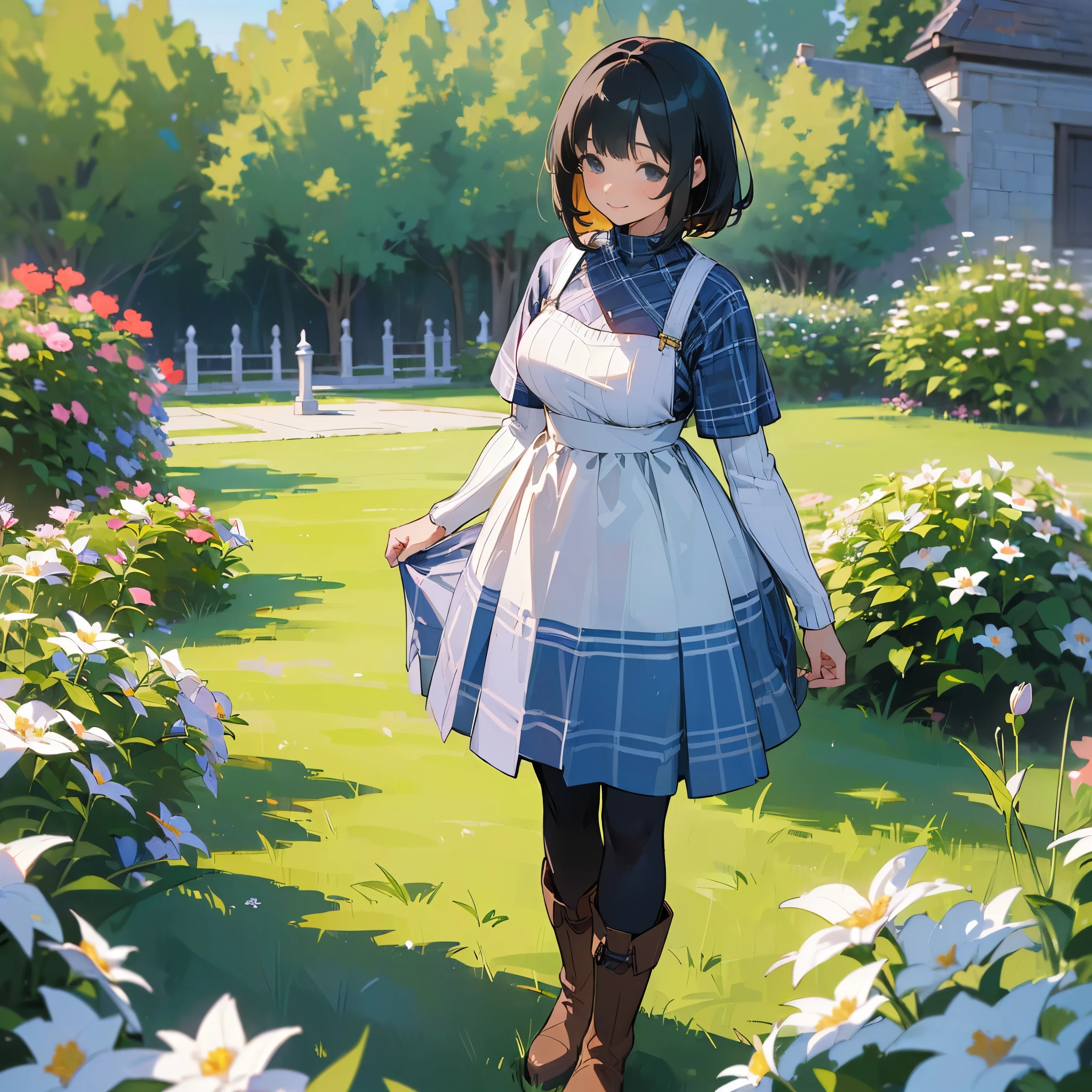 (high quality, High resolution, Super detailed, reality:1.37), peaceful atmosphere, (outdoor, garden ,flower), girl standing alone, (my breasts are big.), Beautiful detail features, cute smile, (black bob hair), ribbed sweater, blue plaid skirt, black tights, brown boots.