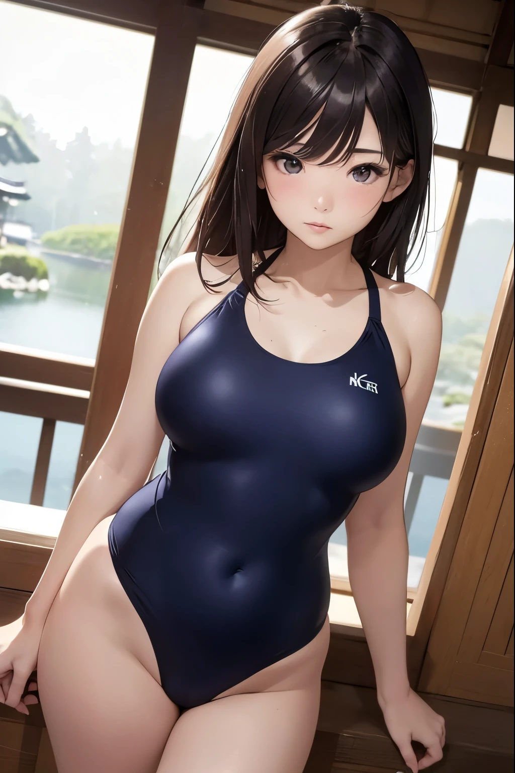 (((masterpiece))),(((High resolution)))、(((8K)))、(((perfect face)))、(((beauty of japan)))、25 years old、(((beautiful face))), (((simple swimsuit))), competitive swimsuit, Plump, embarrassed look, look at the camera, (thighs)、top quality eyes, detailed texture, look at the camera, standing
