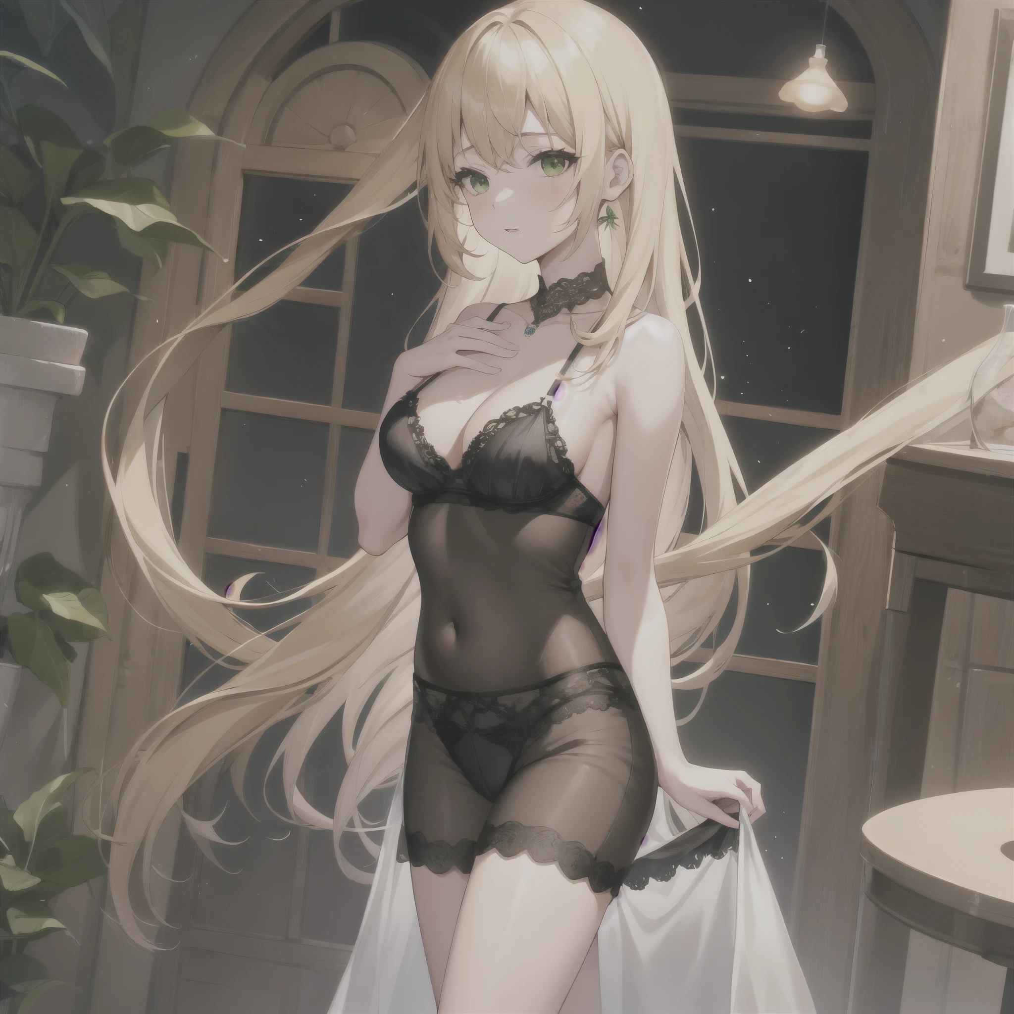 1 girl,blonde hair, green eyes, tied hair, long hair, Sheer lingerie dress，dysmenia,One hand in pants