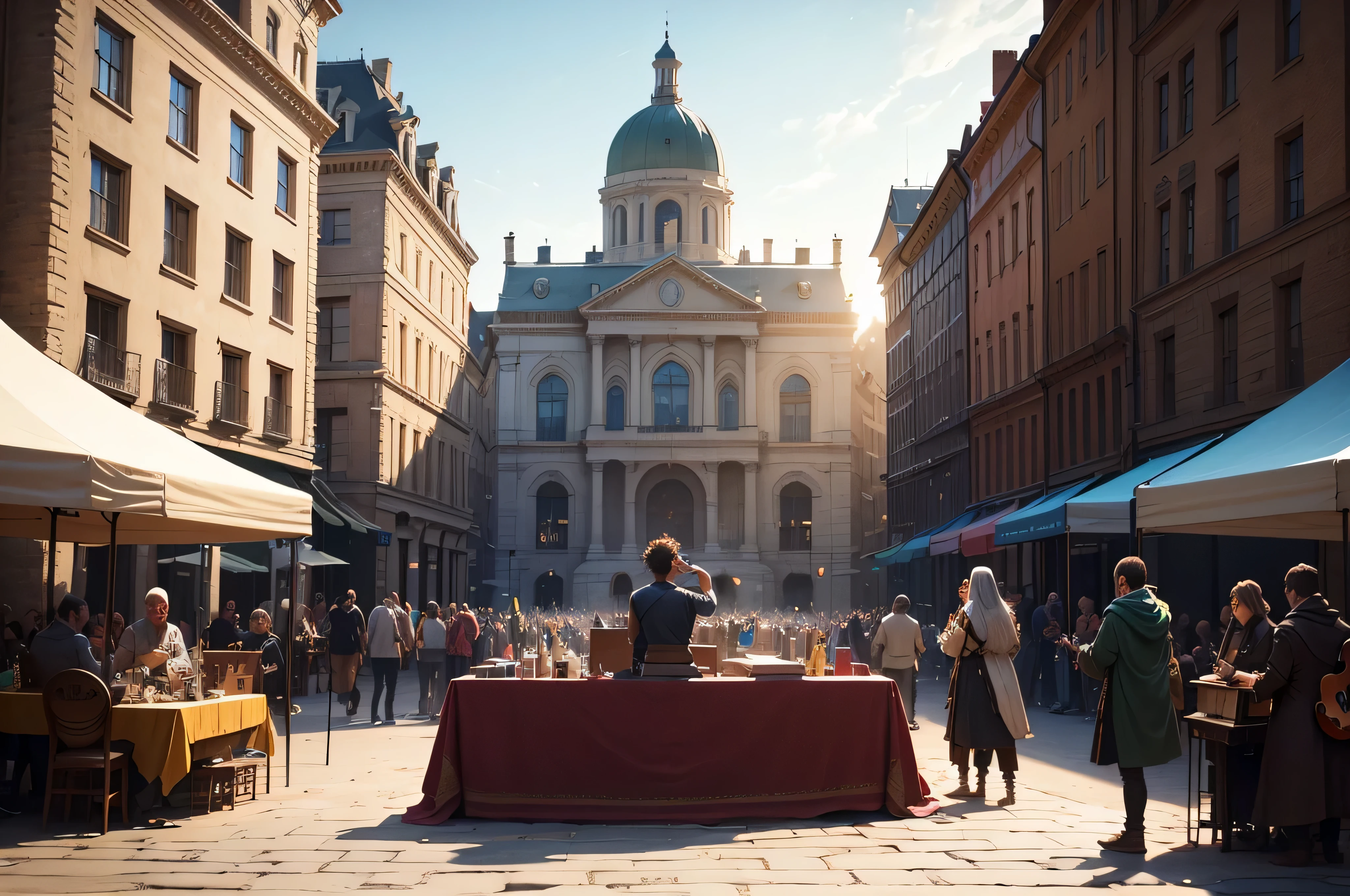 The Artists' Square is an effervescent and inspiring place, located in the heart of the city. Surrounded by majestic old buildings, the square is a vibrant meeting place for street artists, writers, poets and musicians. During the day, artists display their works on colorful stalls, while talented musicians enchant passers-by with their melodies. At night, the square transforms into a stage for improvised theatrical performances, storytellers and lively literary debates. (digital art, fantasy art, RPG art)