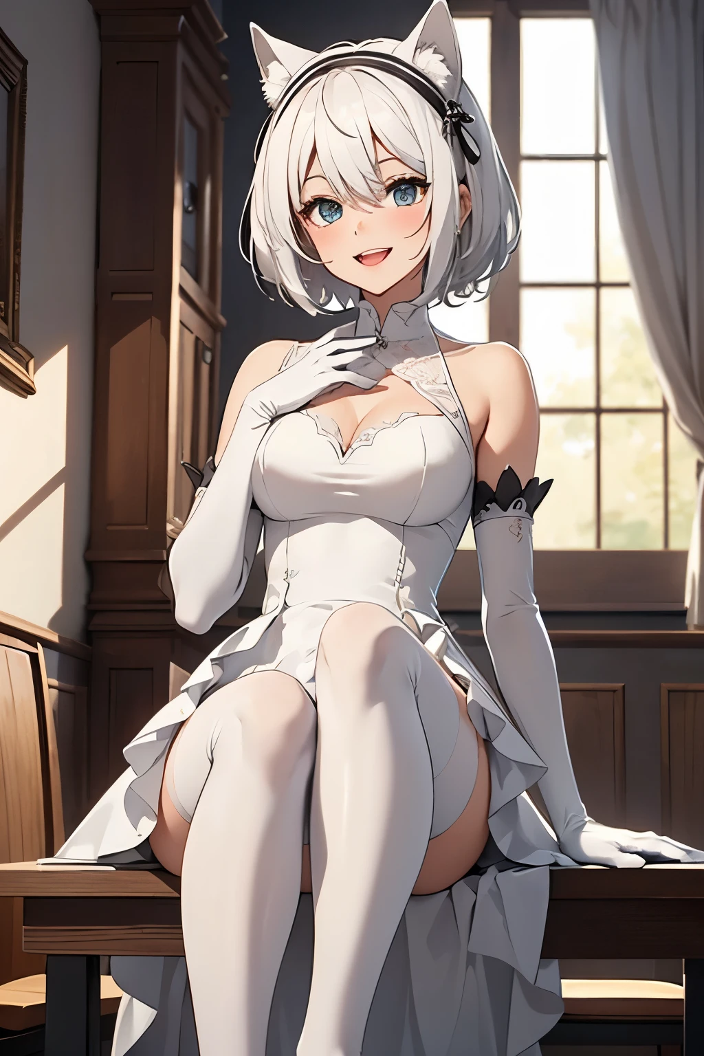 table top　High level image quality　best image quality　8K　 adult woman　portrait　white long gloves（elbow gloves）　white pantyhose　Wedding dress（sleeveless）　white wolf ears　short hair（（shortcut）（pure white hair）（perm）（fluffy））　eye color is blue　attractive face（（laughter）（smile）（open your mouth））　beautiful feet　