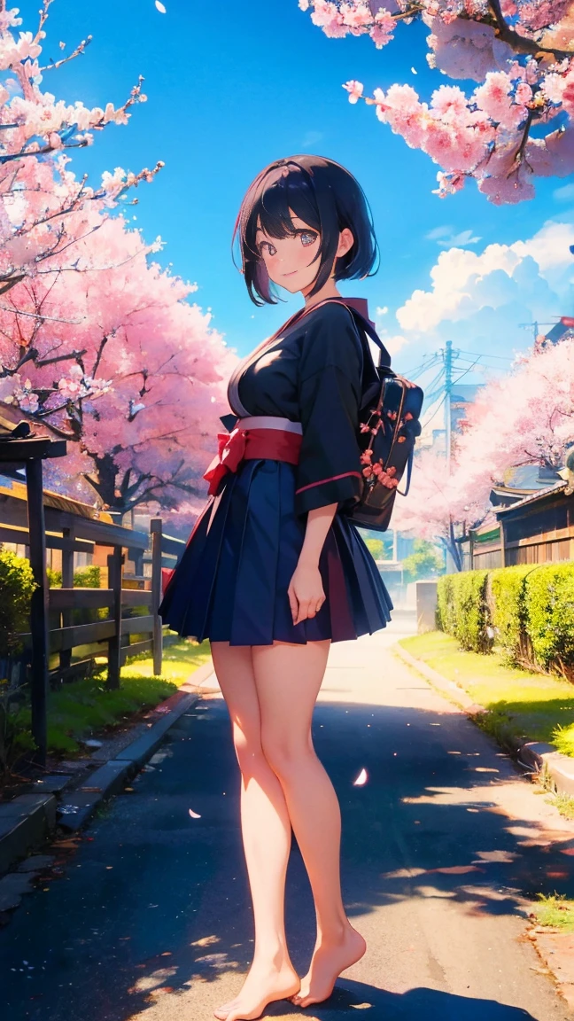1 anime girl, girls in the Meiji Period,Hakama with crest,alone,Black petals flutter, A mysteriously shining butterfly.city,Black vibrant hair,bright black jewel eyes,short bob,thin legs,very clear,highest quality,smile,,cherry blossomsの花びらに触れる,cherry blossoms,空に舞うたくさんのcherry blossomsの花,beautiful blue sky,meteor,Meiji-era cityscape,Taisho Roman,standing pose,barefoot,short skirt