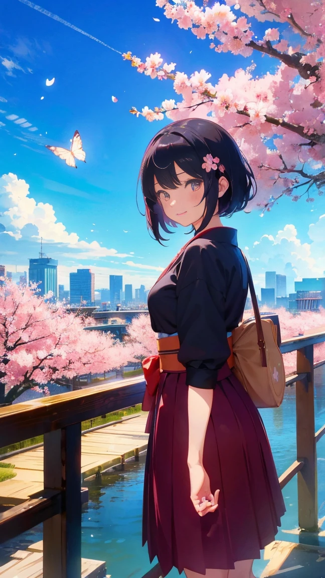 1 anime girl, girls in the Meiji Period,Hakama with crest,alone,Black petals flutter, A mysteriously shining butterfly.city,Black vibrant hair,bright black jewel eyes,short bob,thin legs,very clear,highest quality,smile,,cherry blossomsの花びらに触れる,cherry blossoms,空に舞うたくさんのcherry blossomsの花,beautiful blue sky,meteor,Meiji-era cityscape,Taisho Roman,standing pose,barefoot,short skirt