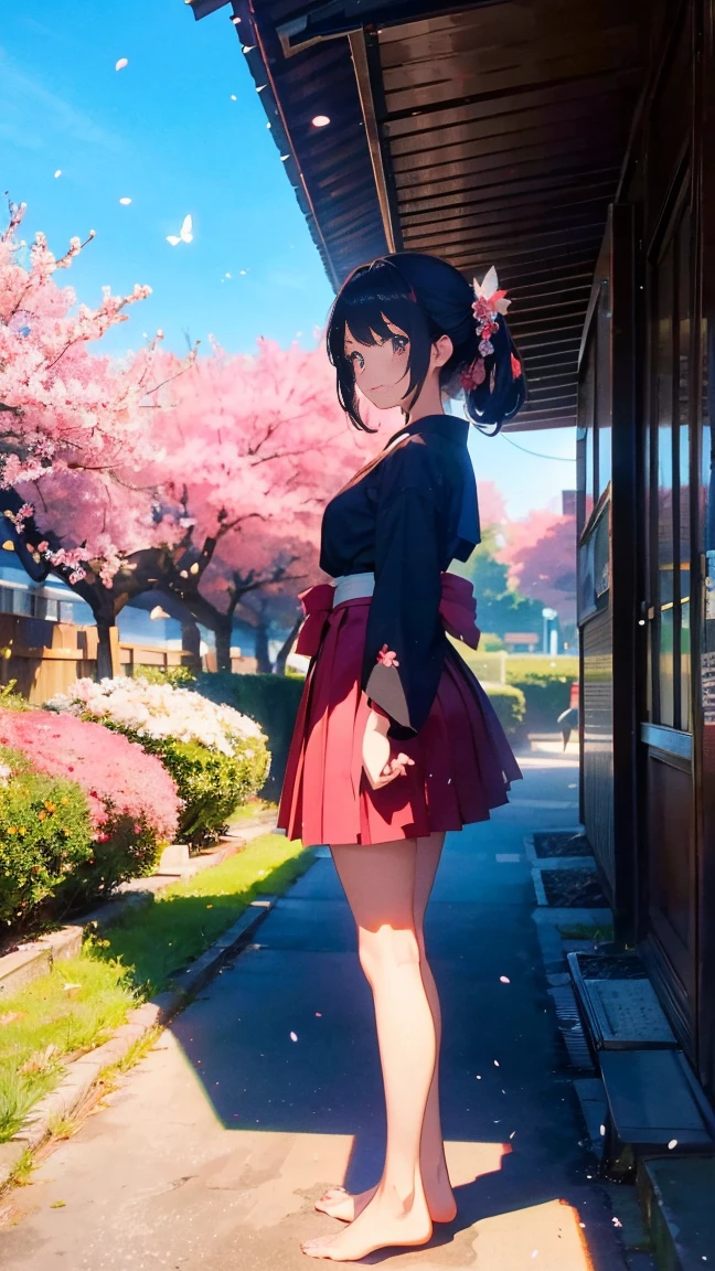 1 anime girl, girls in the Meiji Period,Hakama with crest,alone,Black petals flutter, A mysteriously shining butterfly.city,Black vibrant hair,bright black jewel eyes,short bob,thin legs,very clear,highest quality,smile,,cherry blossomsの花びらに触れる,cherry blossoms,空に舞うたくさんのcherry blossomsの花,beautiful blue sky,meteor,Meiji-era cityscape,Taisho Roman,standing pose,barefoot,short skirt