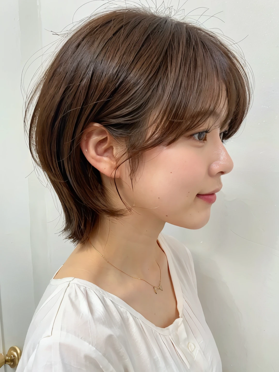 white wall、Taken in front of the white door、(窓のあるwhite wallの部屋)、(8K、Live shooting、highest quality、masterpiece:1.2)、High-definition RAW color photo、professional photos、(genuine、フォトgenuine:1.37)、Photographed in natural light、1 girl、lazy smile、(various poses)、Blake is (ombre:1.3) 、spring clothes、 necklace、(Beautiful profile:1.3)、don't look at the camera、profile、shortcut、((brown hair))、short hair、Eye color is dark brown、(Beautiful profile:1.3)、correct hand of human body、look down、pastel colored blouse