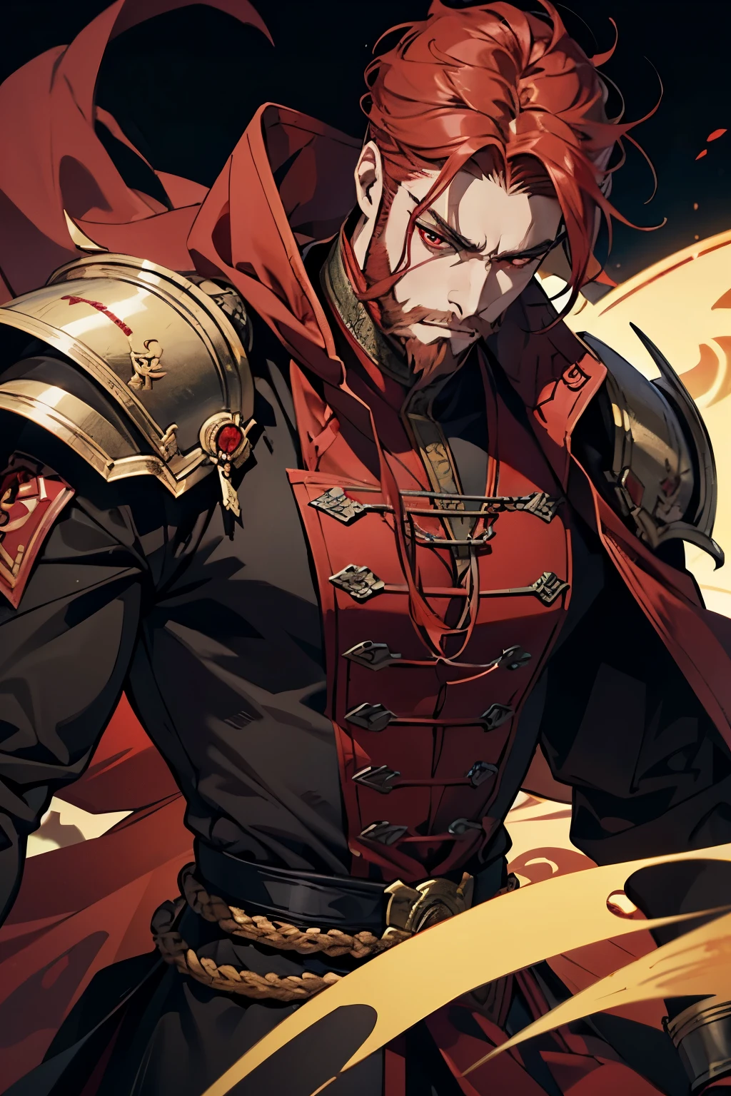 bust shot,upper body,  masterpiece,best quality,<lora:add_detail:1> <lyco:nobu1:0.7>nobu ,portrait, 1boy, armor, beard, brown_eyes, brown_hair, cape, chain, embers, facial_hair, fire, holding_sword, holding_weapon, male_focus, realistic, red_cape, shoulder_armor, solo, sword, weapon