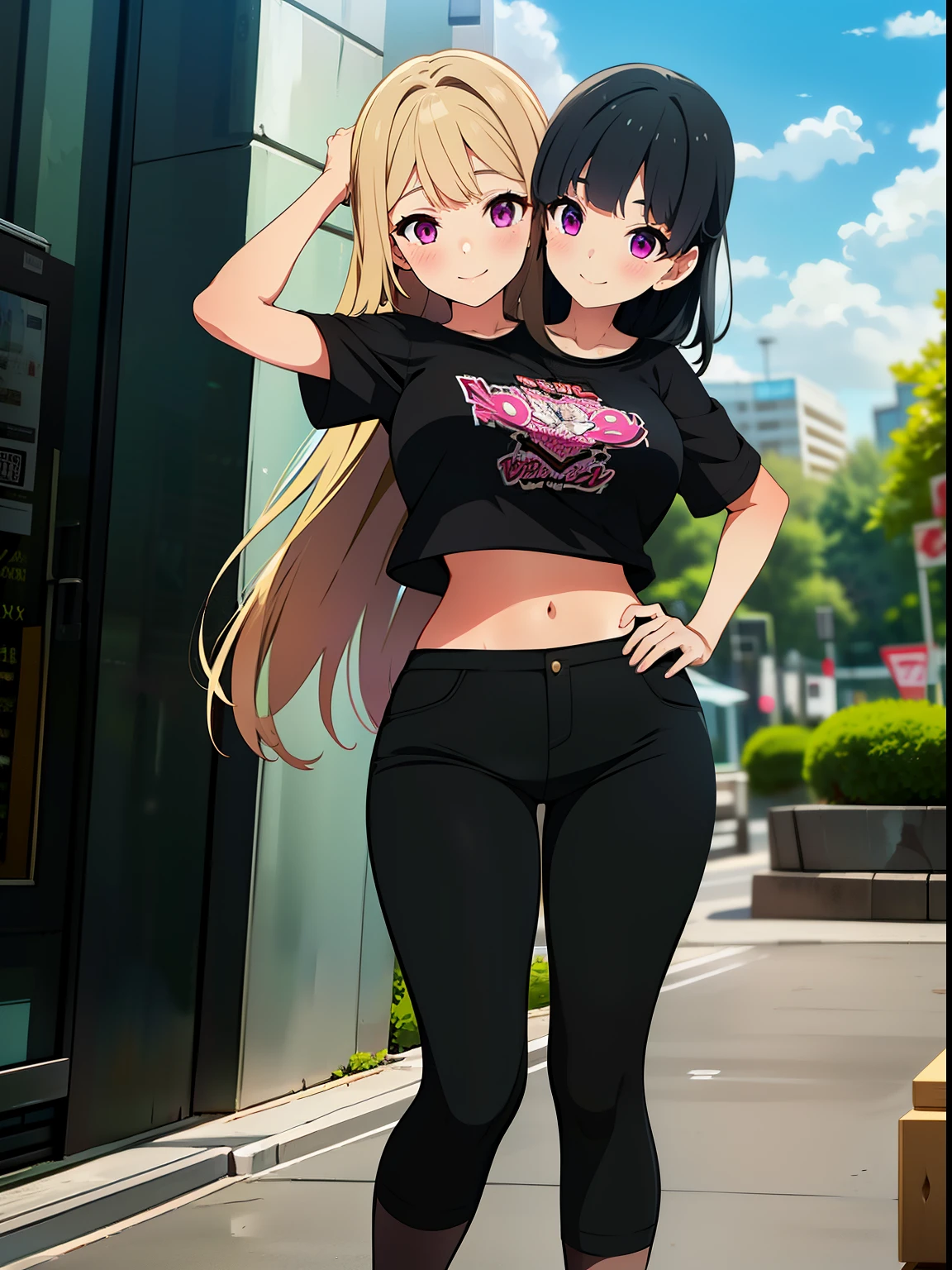 (masterpiece),(ultra-detailed), (high quality), (high resolution), (best quality:1.5, highres, UHD), highres, absurdo, ultra detail, ultra quality, ((2heads:1.5)), 1girl, Ultra resolution, 16k, best quality, 1girl, (blonde hair), (black hair), long hair, violet eyes, black t shirt, ((5 foot girl)), teenage girl, midriff.((black pants), pink skirt pants, gentle smile, blushing,  figure