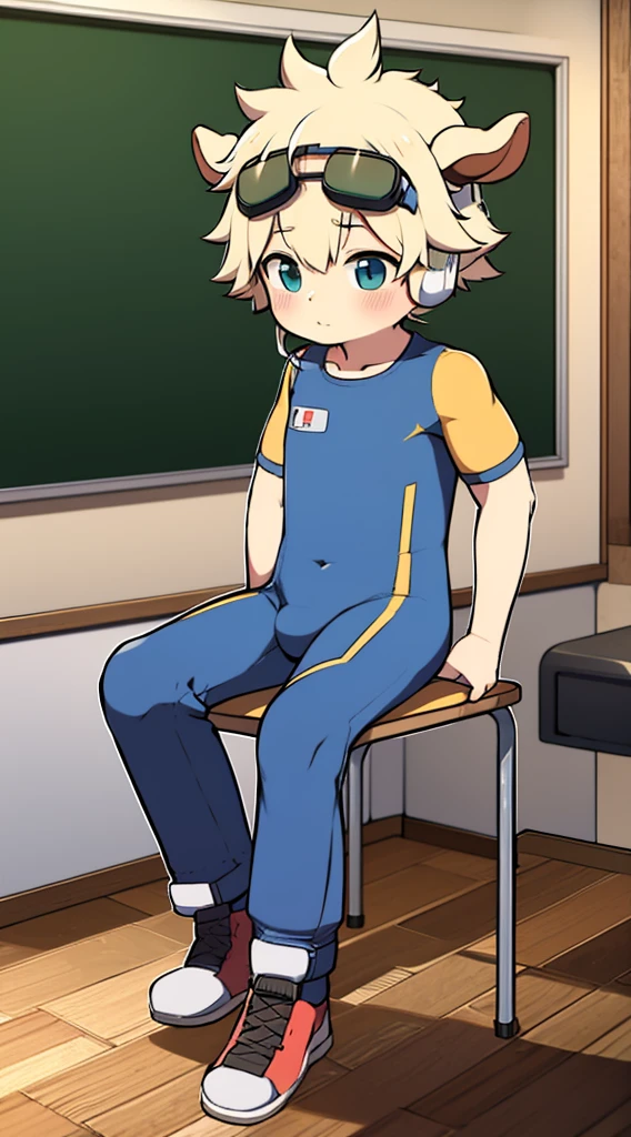 2D boy Shota，One-piece mountaineering suit，Put the headphones on your head，sit on the chair，goggles，horns，cow ears，sports shoes，classroom，