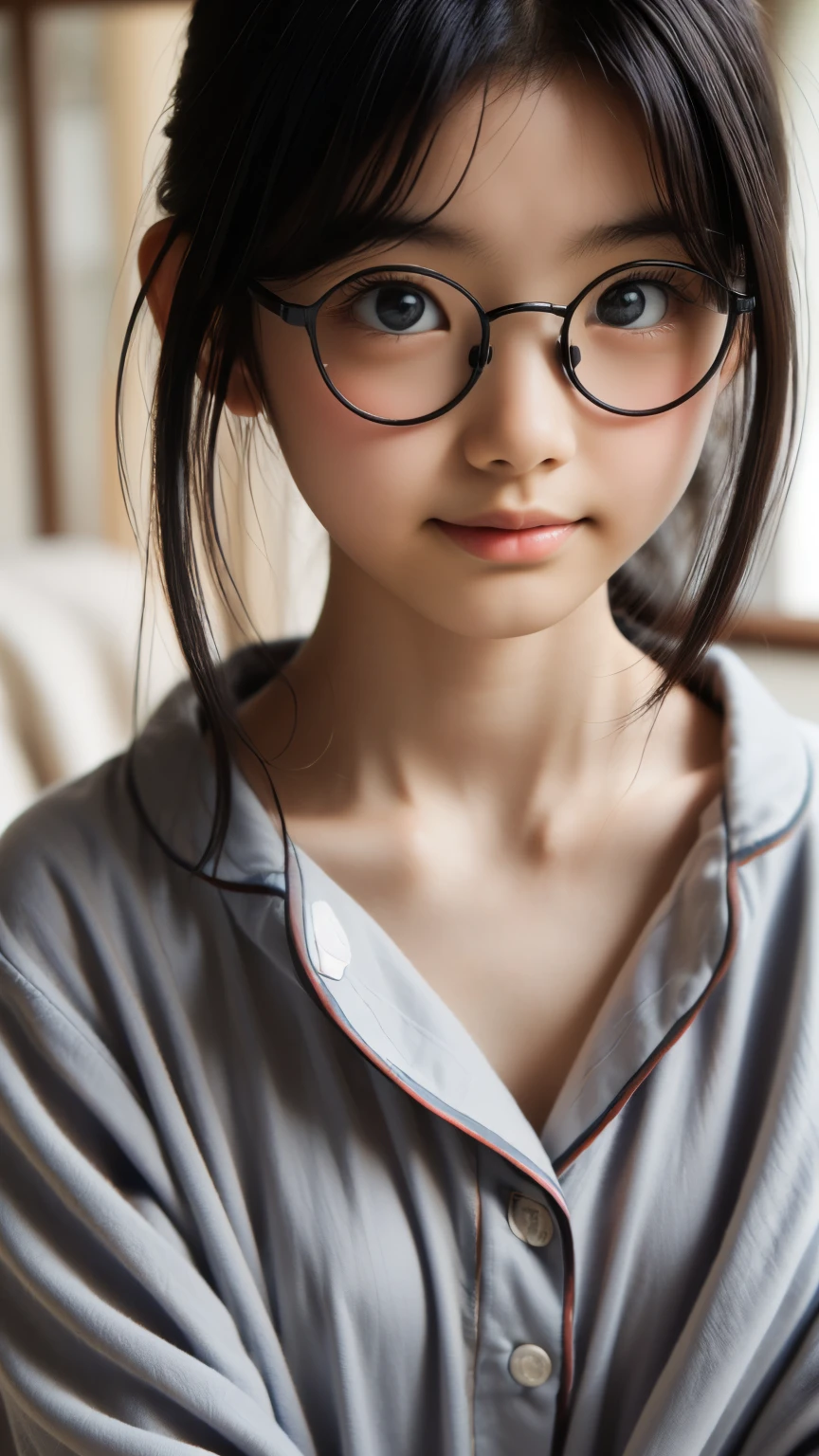 (8K、Hyper HD)transparent bottom、Spread your legs、 Black Hair, View your audience,high school girl,Leaning forward,(Random cute clothes),(Random Animation Pose),(Thin type),(Random hairstyle),(Best image quality, (8K), Ultra-realistic, 最high quality, high quality, High resolution, high qualityの質感, Attention to detail, Beautiful details, Fine details, Extremely detailed CG, Detailed Texture, Realistic facial expressions, masterpiece, in front),(Wearing glasses:1.1)、(Big eyes:1.4)、Loungewear