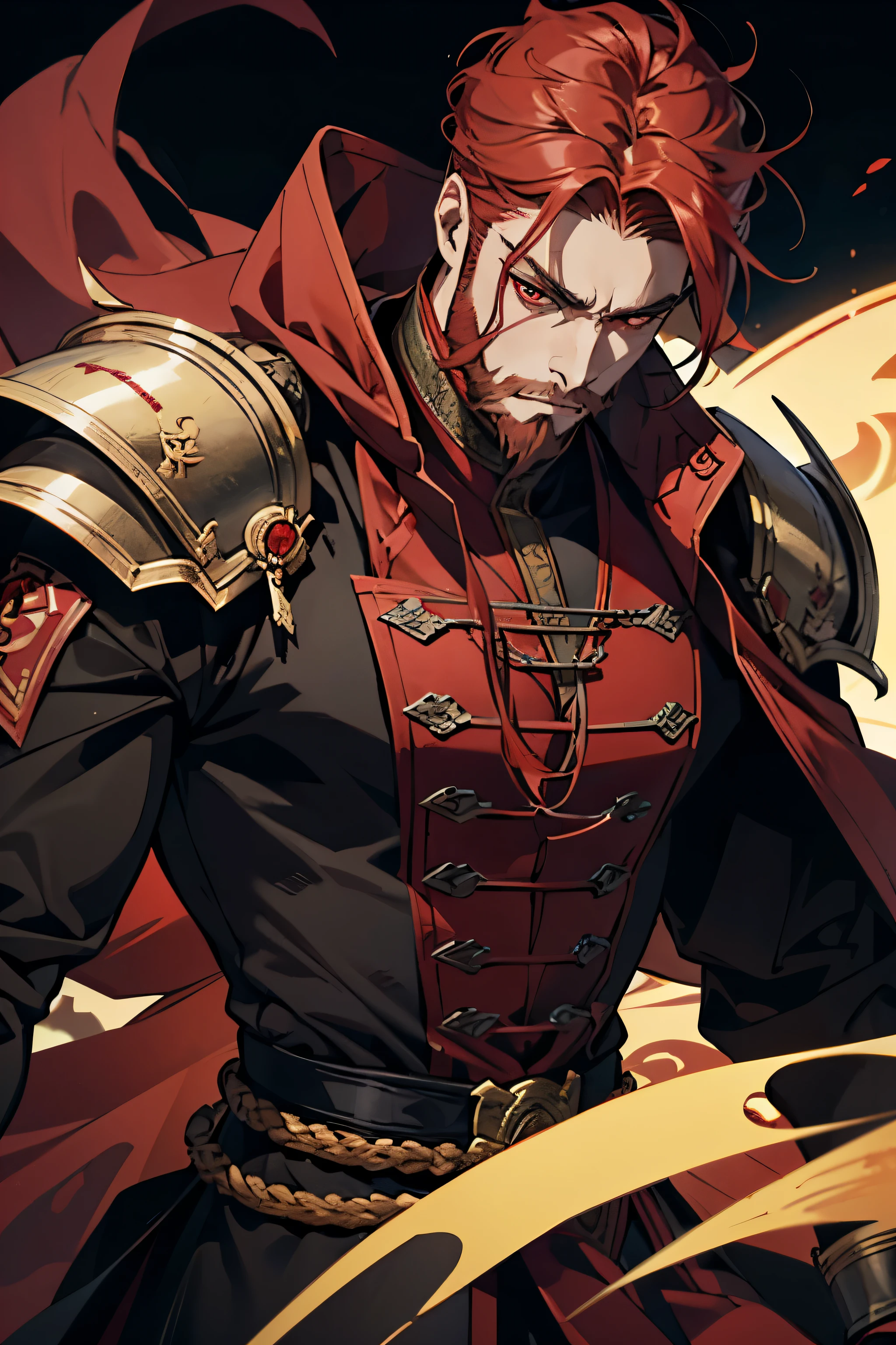 close up of a muscular bearded person with red hair, alucard, full body xianxia, vampire armor, detailed anime character art, male vampire of clan banu haqim, black and red medieval armor, l vampire, with his short red hair, and huge red western mustache, vampire, detailed 30year old male face, ultra realistic anime red eyes no emotions, INTJ, intelligent, dark background