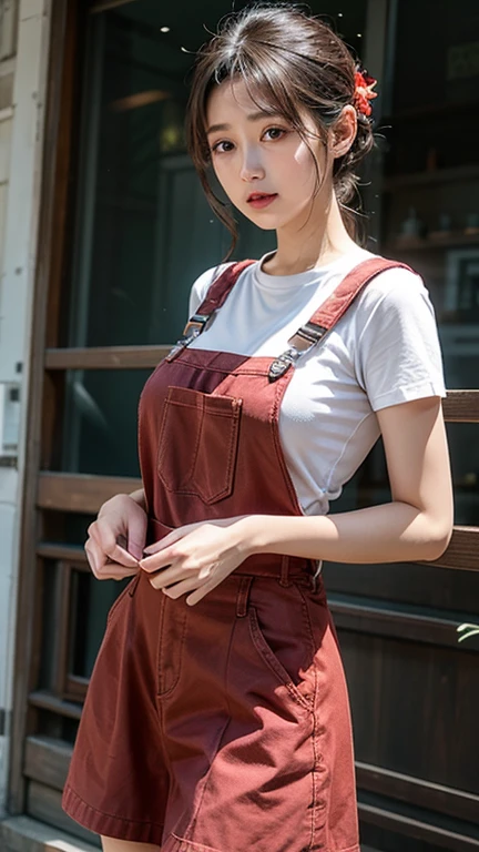 dungarees skirt light red thin flower pattern , big breast