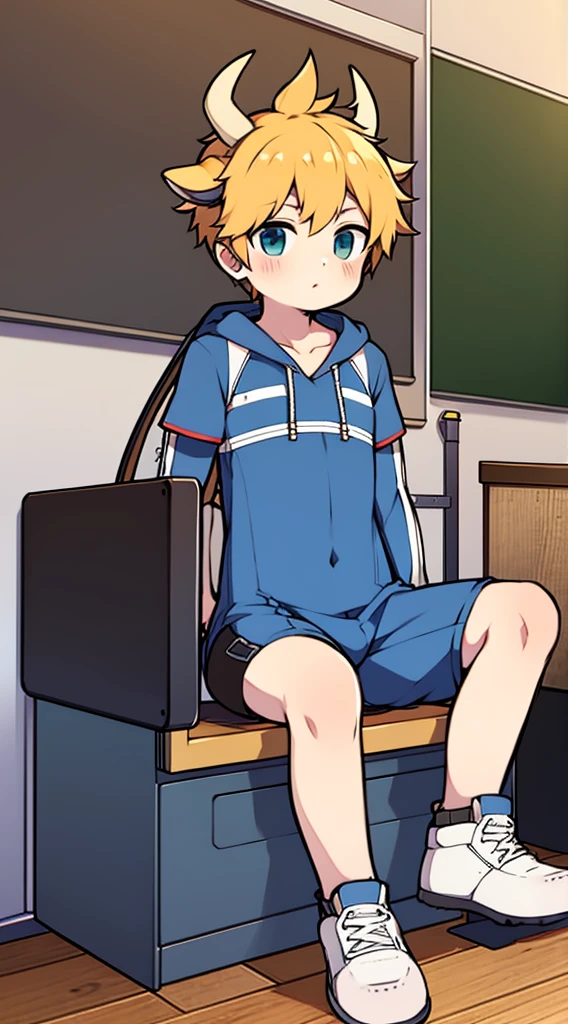 2D boy Shota,One-piece mountaineering suit,sit on the chair,goggles,horns,cow ears,sports shoes,classroom,