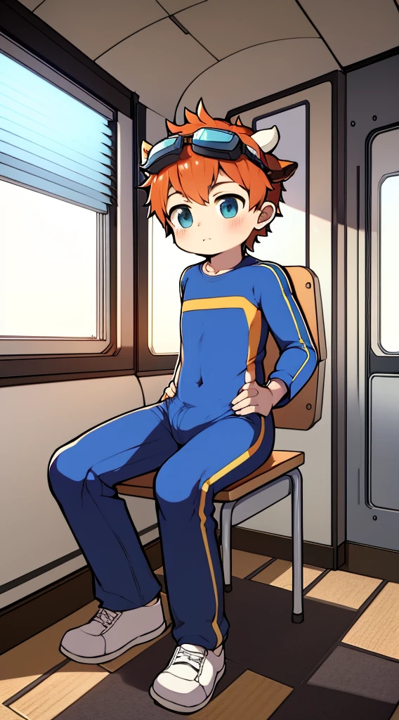 2D boy Shota,One-piece mountaineering suit,sit on the chair,goggles,horns,cow ears,sports shoes,classroom,