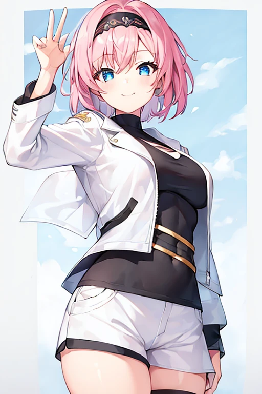 1girl, pink hair, very short hair, black headband, headband, large breasts, smile, blue eyes, white pants, white shorts, short pants, jacket, white jacket, cropped jacket, black shirt, shirt, eula, eula /(genshin impact/), tall, tall female