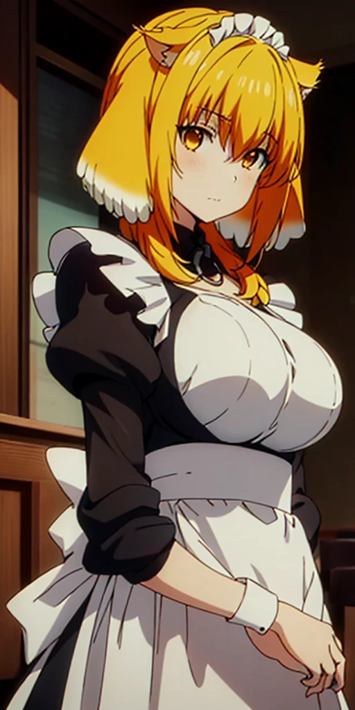 best quality, high_resolution, distinct_image,1 cat girl with cat ears,covered big breast, short yellow hair, yellow eye, maid dress