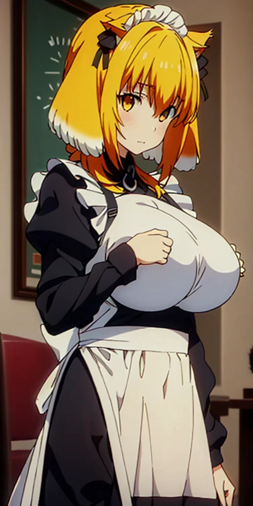 best quality, high_resolution, distinct_image,1 cat girl with cat ears,covered big breast, short yellow hair, yellow eye, maid dress