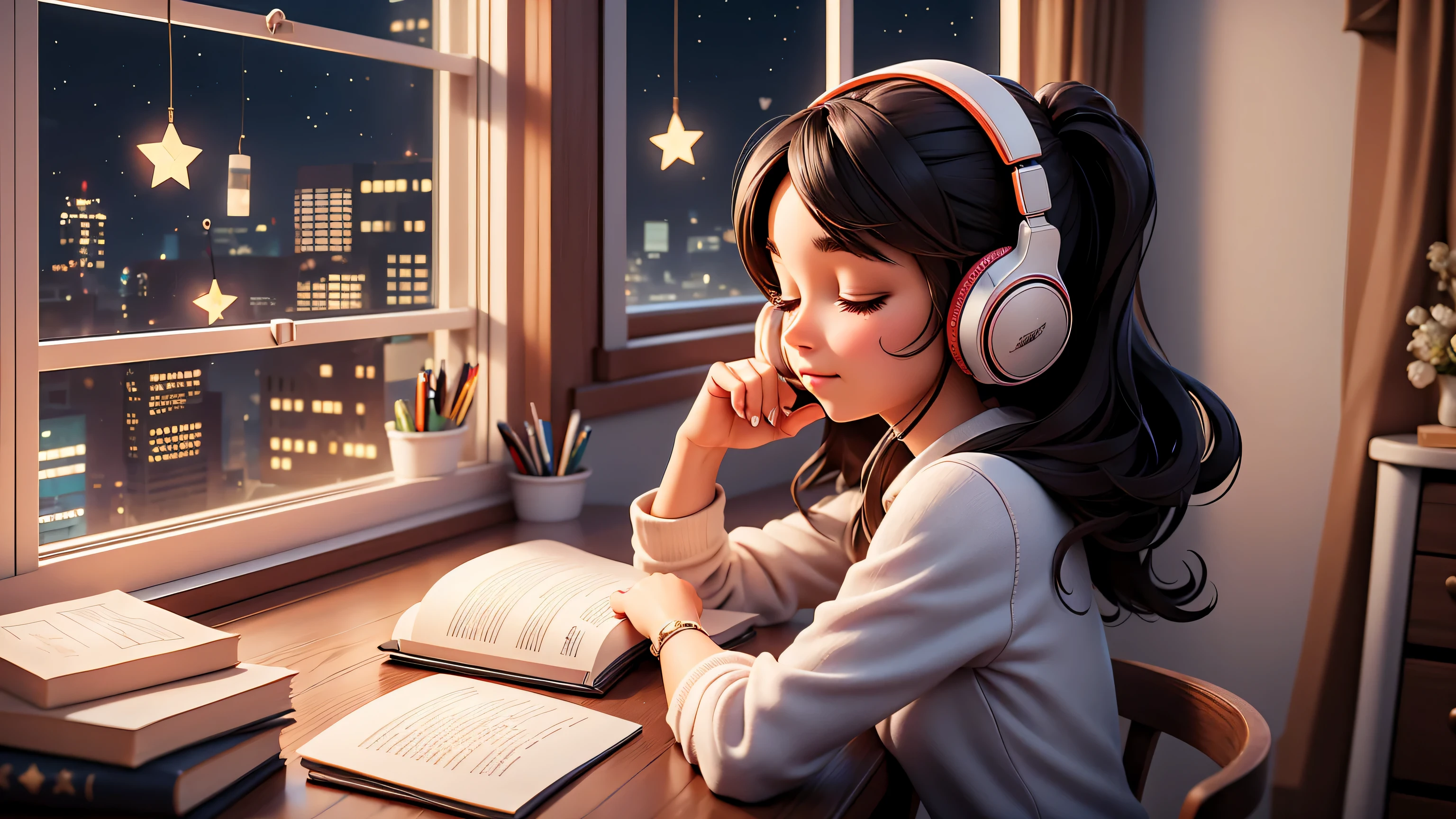 Gen prompt: She is an 18-year-old woman with a heart-shaped face, flawless tan skin, dark hair, and distinct features. She is alone in her room, studying with books and taking notes. Her eyes are closed. The room is softly lit, and outside the window, stars are twinkling. You can see her profile. The cityscape shines outside the window. On her table, there are books and writing utensils. She is wearing headphones and listening to music. The room has a modern interior design.