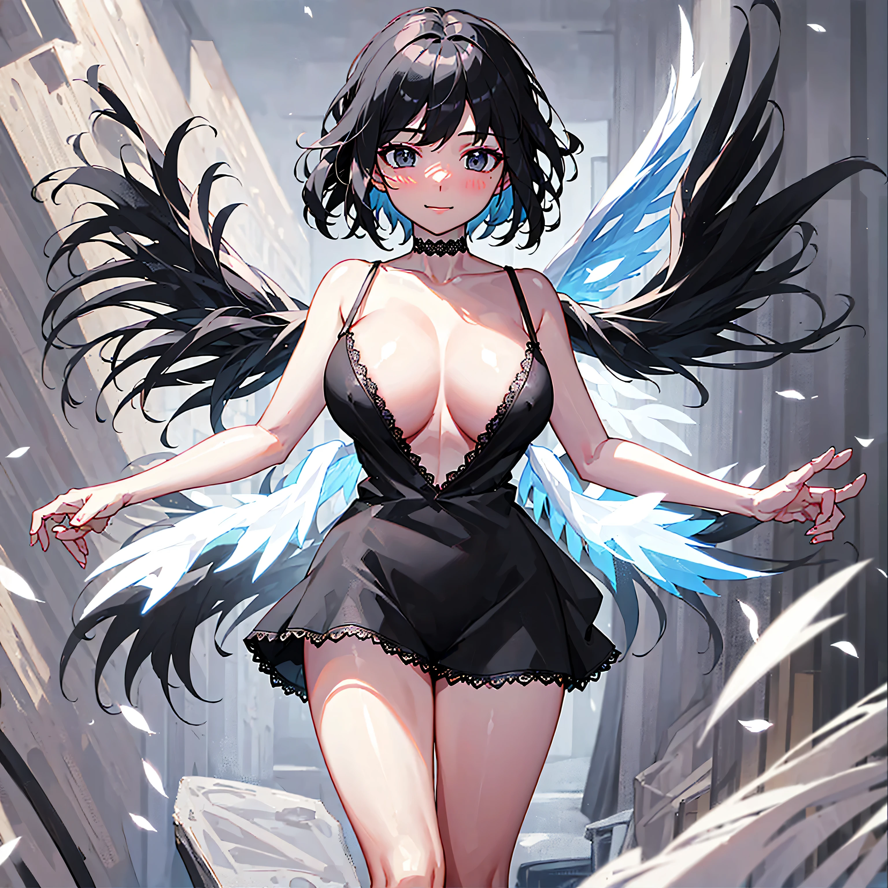 (1 seraphim girl standing on peak of frozen snowy mountain) higher than overcast, blowing frozen wind, (solo), swinging back, multiple wings, (she has 12 wings on her back), (6 white wings:1.5) and (6 black wings:1.5), BREAK, (wearing nothing without a lace trimmed sheer short black chemise:1.8), (black plunging neckline:1.2), shoulder straps, too short black skirt flapping by wind, stiletto heels, BREAK, (black short hair:1.3), sidelocks, black eyes, collarbone, (bouncing large perky breasts:1.2), (cleavage), inconceivably narrow waist, (bared skinny arms), (bared skinny long legs), thigh gap, tiptoe, BREAK, , nose blush, smile for viewer, open mouth, orgasm, BREAK, full body, (extremely detailed CG unity 8k wallpaper), (beautiful detailed), (ultra high resolution), (masterpiece:1.2), (best quality), (beautiful illustration)