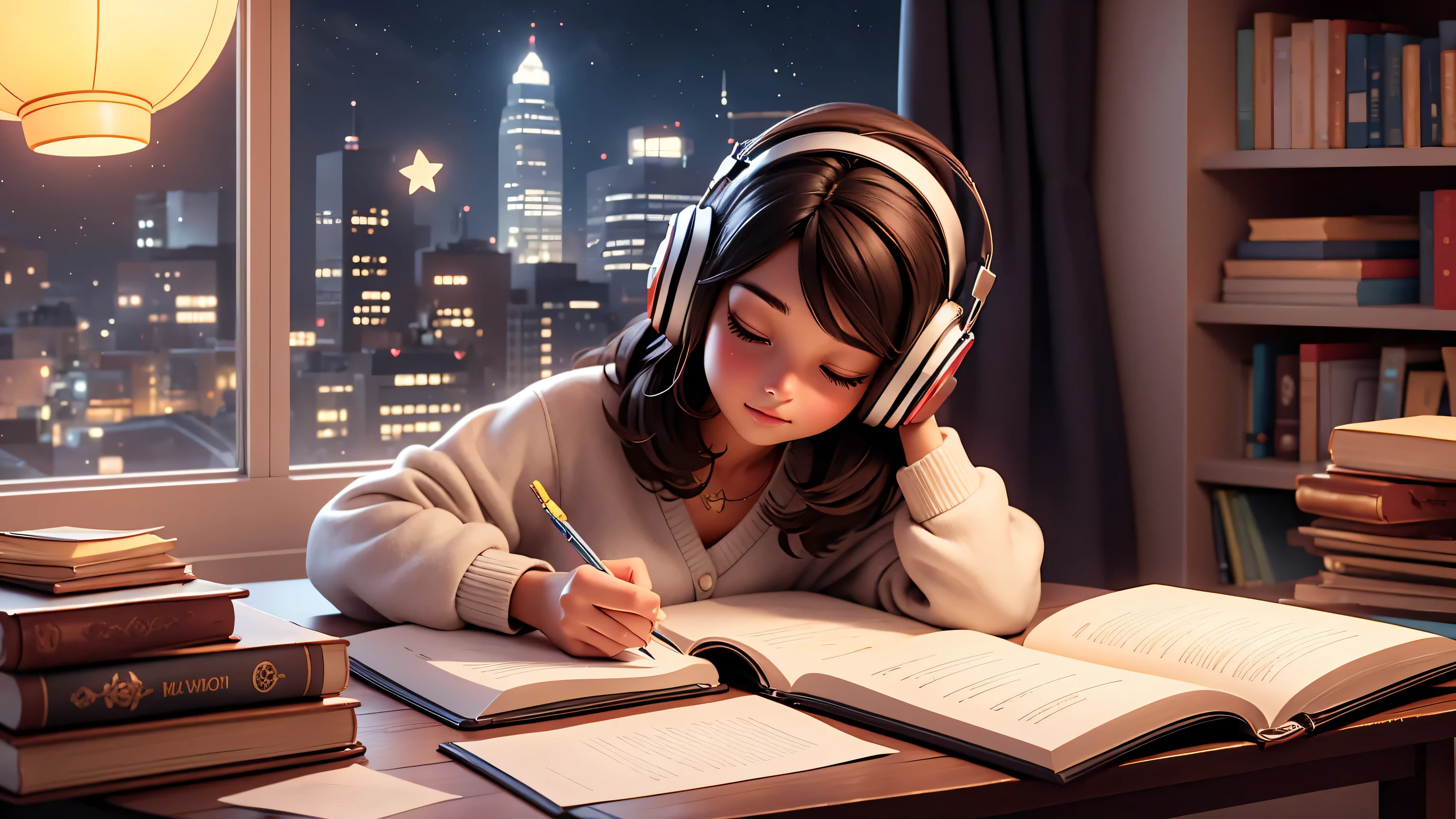 Gen prompt: She is an 18-year-old woman with a heart-shaped face, flawless tan skin, dark hair, and distinct features. She is alone in her room, studying with books and taking notes. Her eyes are closed. The room is softly lit, and outside the window, stars are twinkling. You can see her profile. The cityscape shines outside the window. On her table, there are books and writing utensils. She is wearing headphones and listening to music. The room has a modern interior design.