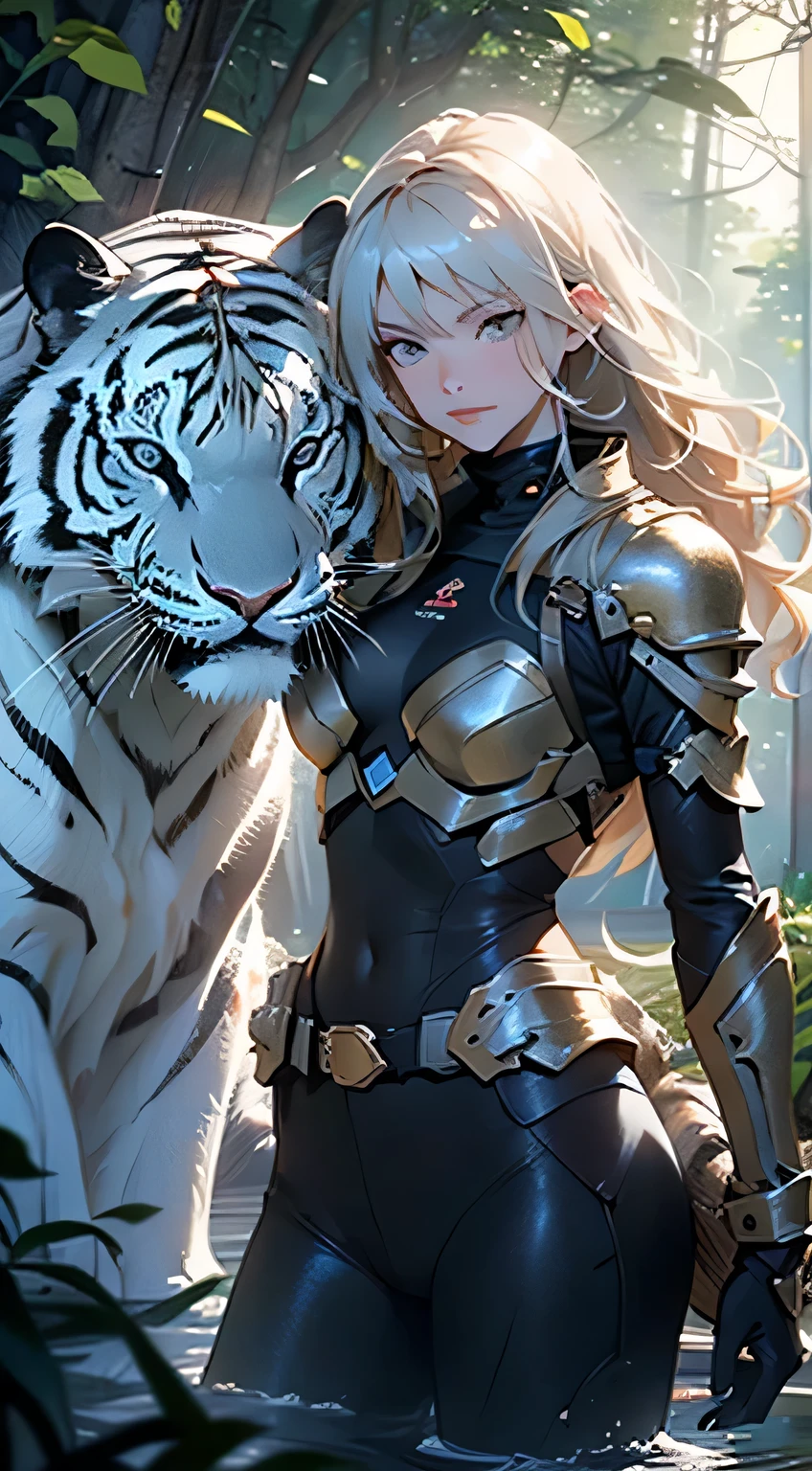 A beautiful and alluring warrior with flowing blonde hair stands confidently beside a majestic white tiger. Her radiant smile and intense gaze captivate all who behold her, embodying a sense of strength and sophistication. The intricate details of her armor and weaponry showcase her skill and elegance. Surrounding them, a lush and vibrant forest serves as the backdrop, with rays of sunlight filtering through the dense canopy, casting a gentle glow on the scene. The atmosphere is charged with a sense of adventure and mystery, with the distant sound of wildlife echoing through the air. This awe-inspiring image would be captured in a high-resolution photograph, allowing every intricate detail to be visible, while accentuating the vibrant colors and textures. The final piece would be reminiscent of a Renaissance painting, combining classical artistry with a modern twist.(Incredibly Detailed:1.1),(Incredibly cinematic:1.1),(High detail model:1.1),(Incredibly Realistic Tones:1.1),(Deep sharpness:1.1),(Incredibly realistic:1.1),(Image 32k:1.3),(Detailed middle ground:1.1),(Detailed background:1.1),(Fine detail:1.1),(Photo RAW:1.1),(Incredible Masterpiece:1.1),(Incredibly Detailed Face:1.1),