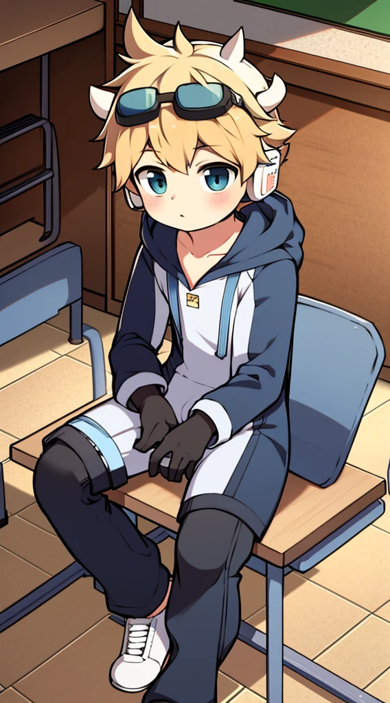 2D boy Shota,One-piece mountaineering suit,Put the headphones on your head,sit on the chair,goggles,horns,cow ears,sports shoes,classroom,