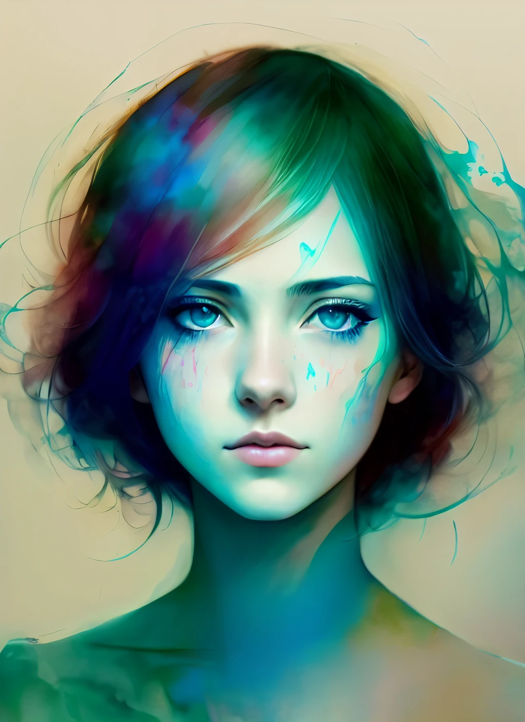 uma mulher de Agnes Cecile, design luminoso, cores pastel, gotas de tinta, luzes de outono