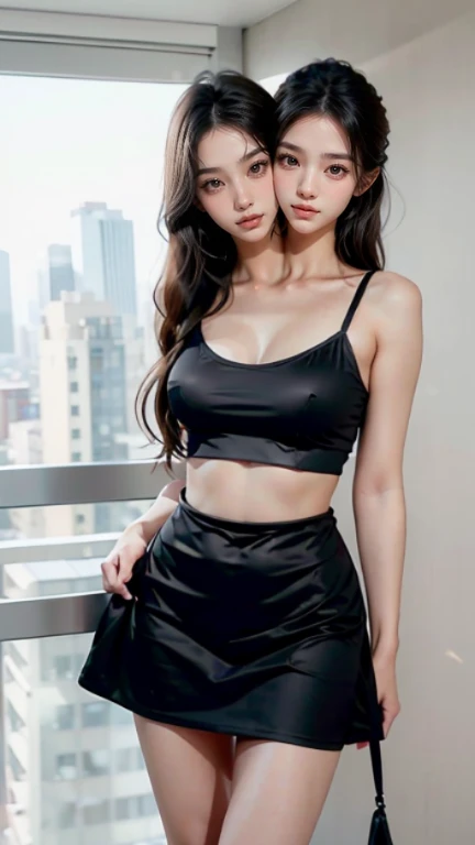 best resolution, 3 heads, Australian girl Instagram model three heads, 19 years old, youthful, wearing a black dress standing on a balcony, open v-chest clothes, black and pink dress, full-length view, pink and black, black top, she is wearing a black tank top, black outfit, tight black tanktop, girl, tiny black bra, perfectly poised, the extremely hot and sexy, bottom angle, braided hair, different hair colors, full-body view, full body shot