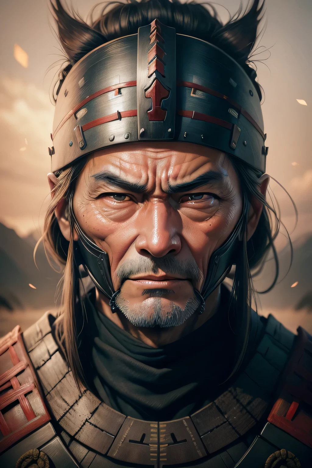 Realistic ultra HD close-up portrait,A samurai wearing a war mask, Wrinkles ,Facial expressions show strong emotions