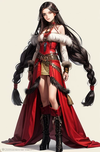 illusion of a indigenous girl in 100 years later, with a red black harness on top, long dread hair with feathers, high heels boots, accessories on her arm