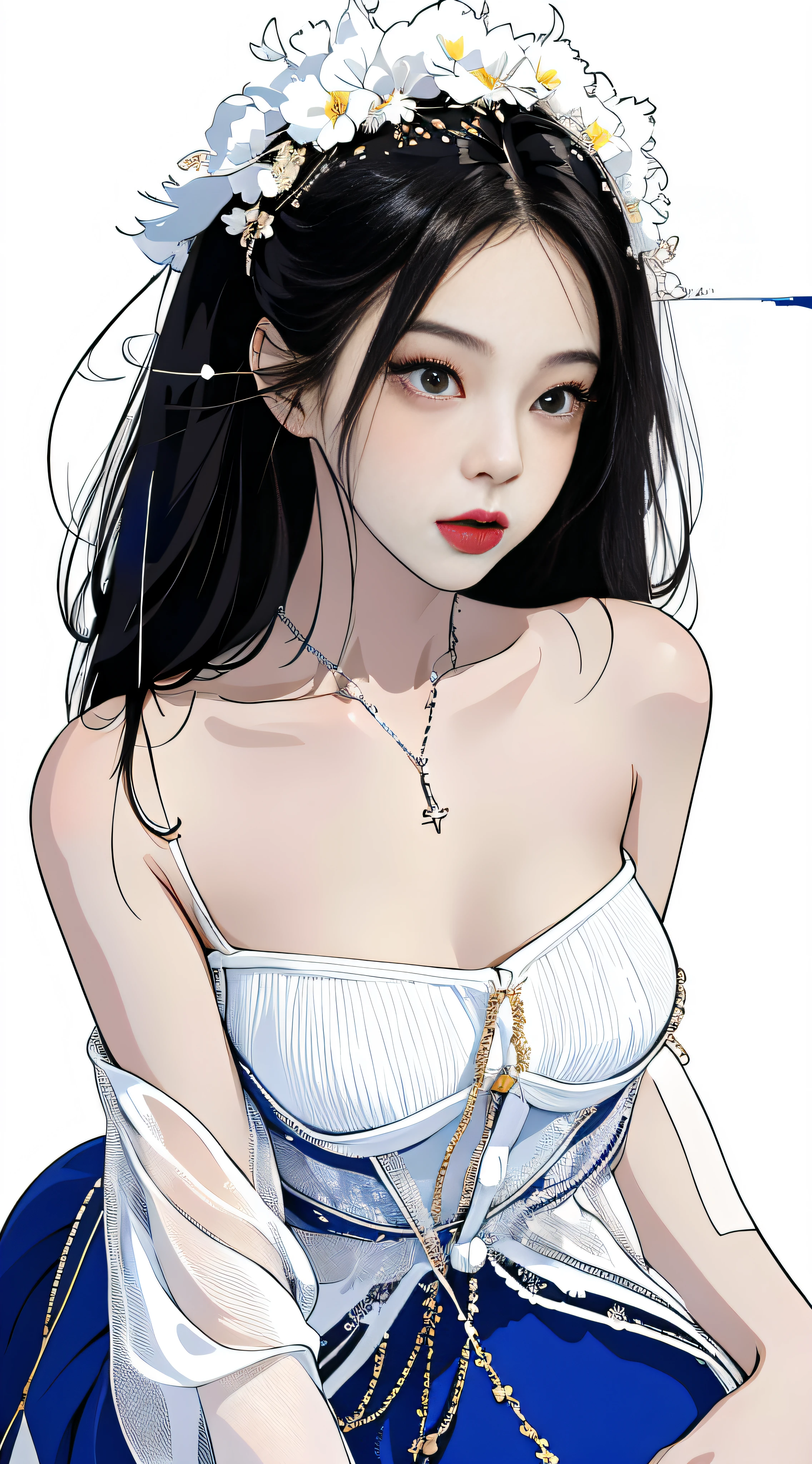 masterpiece,the best,((pure white background)),Light effect,Ultra-clear, high,- Clear pictures, (front face) alone,_Jennie face,black hair,wearing blue clothes,split,Short style,sexy,cute,white pantyhose