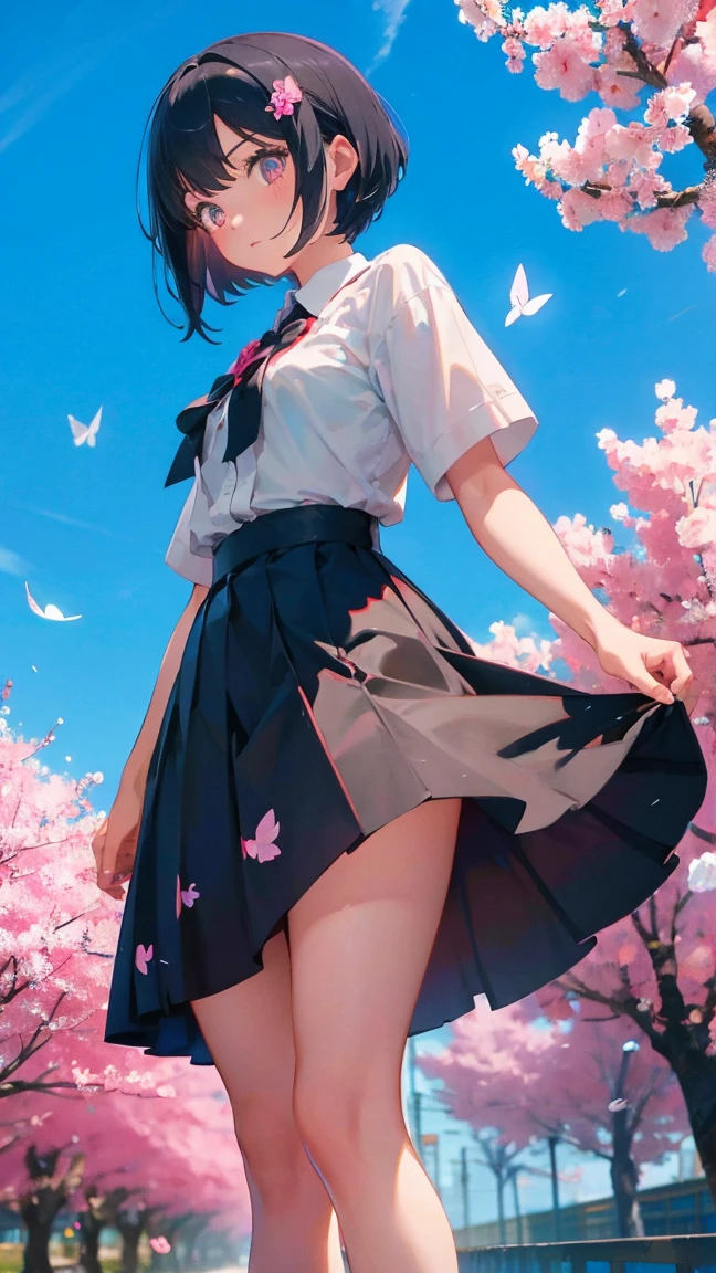 1 anime girl, alone,Black petals flutter, A mysteriously shining butterfly.city,bright black hair,bright black jewel eyes,short bob,thin legs,very clear,highest quality,close up of face,Many cherry blossoms dance in the sky,beautiful blue sky,School,Schoolの建物,standing in the middle,scenic center