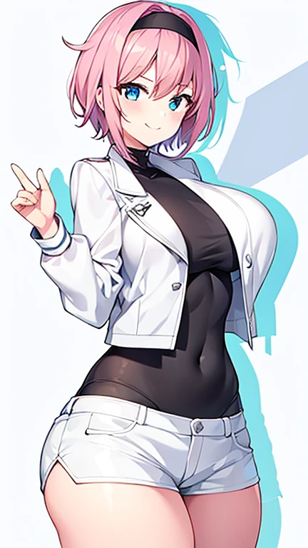 1girl, pink hair, very short hair, black headband, headband, large breasts, thick thighs, hourglass figure, smile, blue eyes, white pants, white shorts, short pants, jacket, white jacket, cropped jacket, black shirt, shirt, eula, eula /(genshin impact/), tall, tall female, toned,