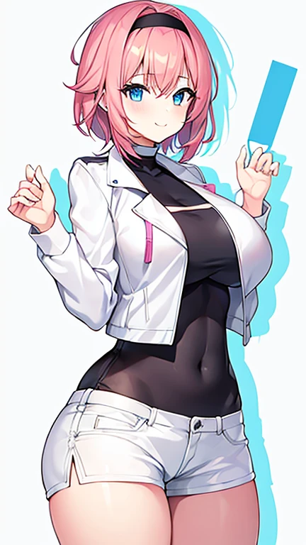 1girl, pink hair, very short hair, black headband, headband, large breasts, thick thighs, hourglass figure, smile, blue eyes, white pants, white shorts, short pants, jacket, white jacket, cropped jacket, black shirt, shirt, eula, eula /(genshin impact/), tall, tall female, toned,