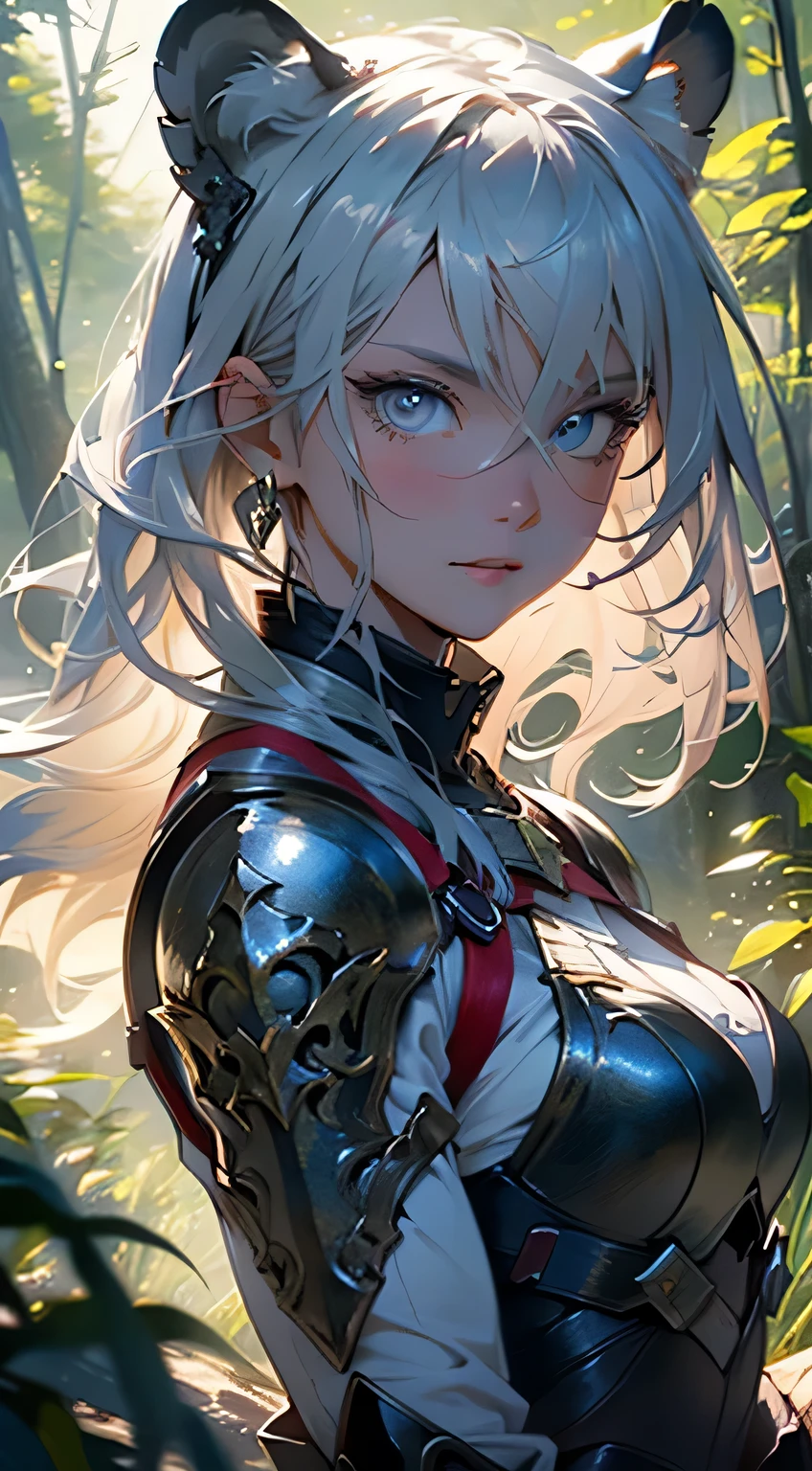 Ultra-detailed face, flowing hair, fierce eyes, radiant smile, majestic white tiger, intricate armor and weaponry, lush and vibrant forest, rays of sunlight, gentle glow, charged atmosphere, sense of adventure, sense of mystery, distant sound of wildlife, high-resolution photograph, vibrant colors, textures, Renaissance painting, classical artistry, modern twist, incredibly detailed, incredibly cinematic, high detail model, incredibly realistic tones, deep sharpness, detailed middle ground, detailed background, fine detail, photo RAW, incredible masterpiece, incredibly detailed face