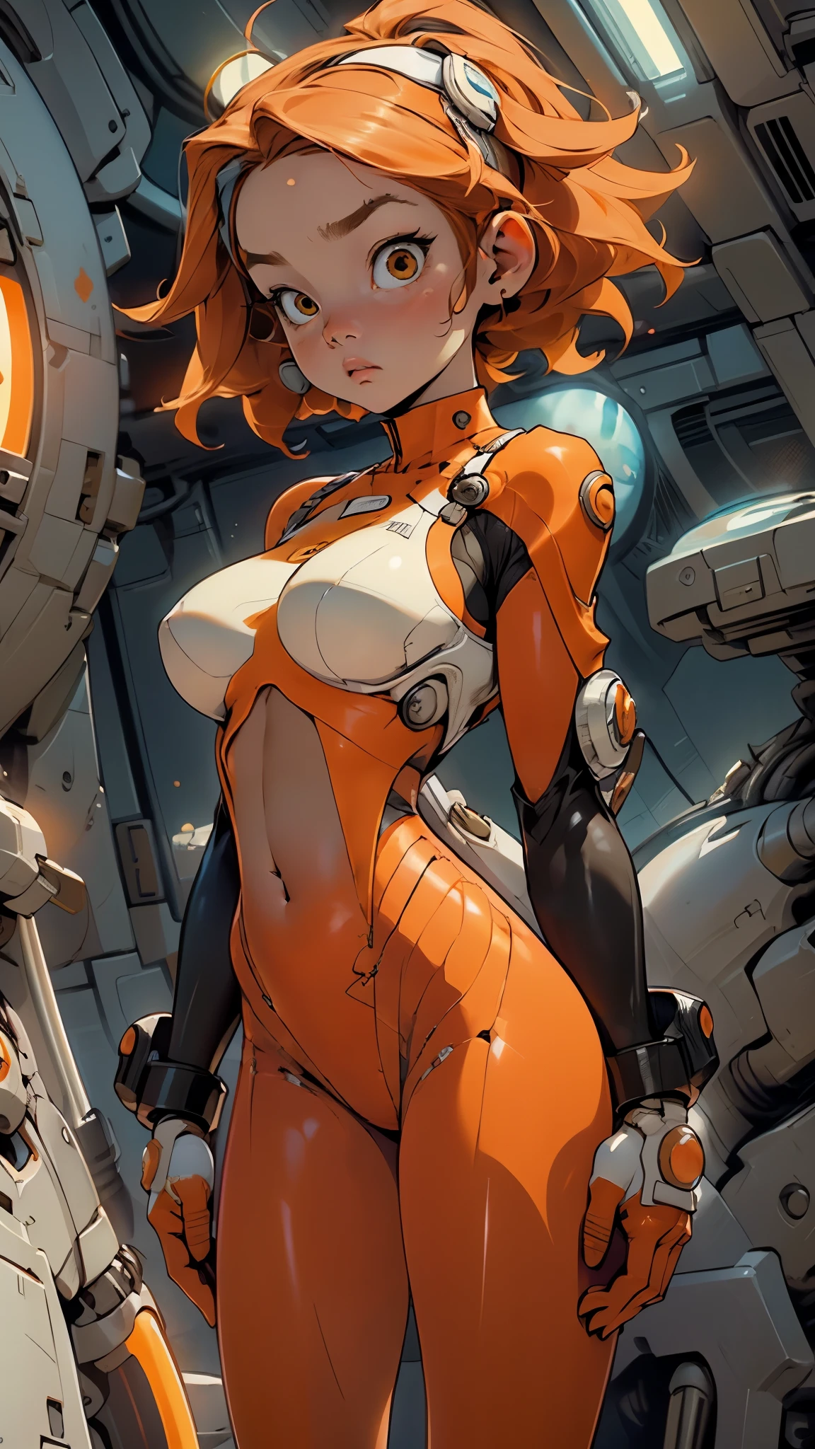 Beautiful (Alien woman) with (((orange skin))), (((huge breasts))), standing in an unusual (alien world), (((bodysuit))), more_details:1, more_details:1.5, more_details:1.5.(nsfw:0.55), ((flat chested, flat stomach, baby face)), (intense colors)