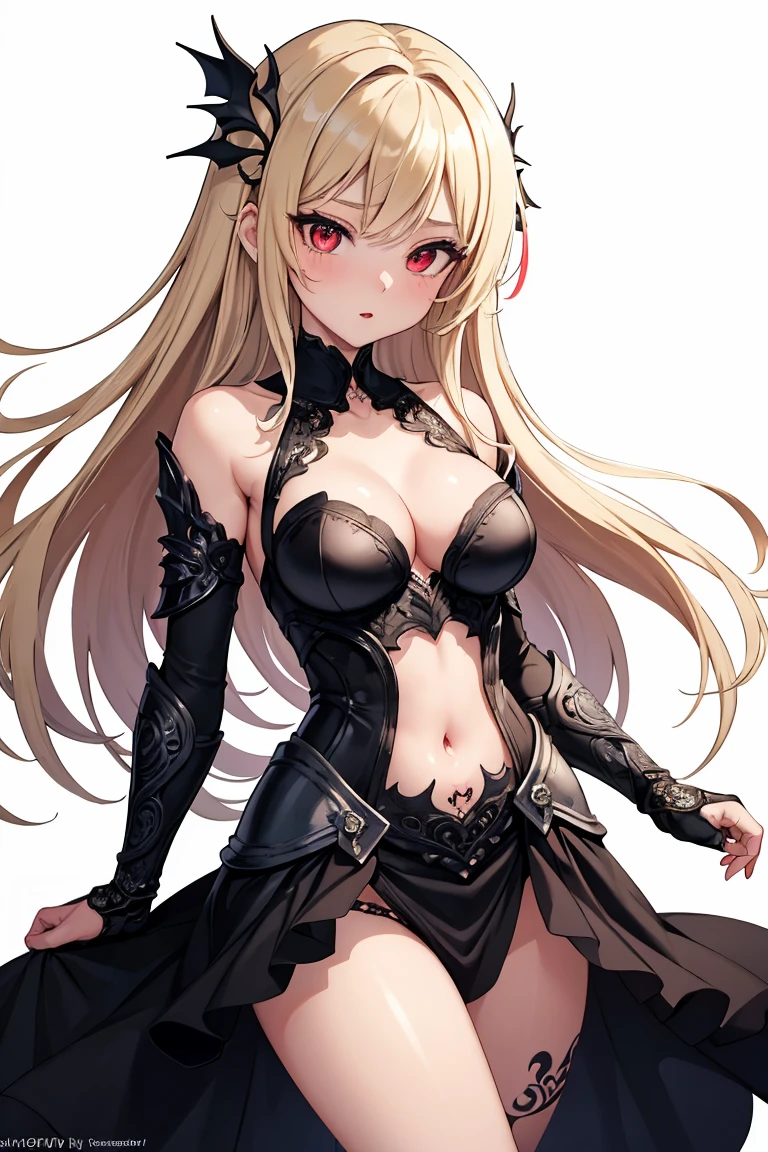 1girl, anime, cute girl, blank background, white background, fantasy, detailed fantasy dress with highlights, beautiful face, beautiful eyes, dark colors, black hair with multicolor streaks, red eye with different color pupil in eye, multicolor eye, medium small breasts (slightly big), slight cleavage, beautiful skin, cute, breast curtains, extremely delicate and beautiful, (beautiful detailed face:1.0), (detailed deep eyes), symmetrical breasts, deep eyes, shiny skin, portrait, slender waist, hips wider than shoulders, thighs, expressionless, young girl, luminous eyes, adorable，（Kpop idol）,（aegyo sal：1），（Platinum blonde hair：1），（（puffy eye）），Black panty，sexy posture，Superskirt, ultra high resolution，Black collar，slim figure, Abdominal y tattoo, womb tattoo，Tight-fitting leg ring，y tattoo on half-body，Bare skin, Armored hand，Hidden fingertips，Hand covered，Arm covered，Fist covered,{{beautiful detailed fingers}}, tufts of hair, moderate beautiful breast:1.0,(masterpiece:1.2), best quality, high-res, HDR, perfect face, intricate armor, delicate blue filigree, intricate filigree, red metalic parts, detailed part, dynamic pose, dynamic lights,