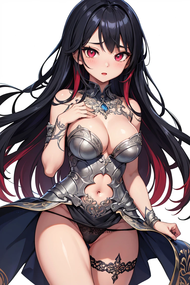 1girl, anime, cute girl, blank background, white background, fantasy, detailed fantasy dress with highlights, beautiful face, beautiful eyes, dark colors, black hair with multicolor streaks, red eye with different color pupil in eye, multicolor eye, medium small breasts (slightly big), slight cleavage, beautiful skin, cute, breast curtains, extremely delicate and beautiful, (beautiful detailed face:1.0), (detailed deep eyes), symmetrical breasts, deep eyes, shiny skin, portrait, slender waist, hips wider than shoulders, thighs, expressionless, young girl, luminous eyes, adorable,(Kpop idol),(aegyo sal:1),(Platinum blonde hair:1),((puffy eye)),Black panty,sexy posture,Superskirt, ultra high resolution,Black collar,slim figure, Abdominal y tattoo, womb tattoo,Tight-fitting leg ring,y tattoo on half-body,Bare skin, Armored hand,Hidden fingertips,Hand covered,Arm covered,Fist covered,{{beautiful detailed fingers}}, tufts of hair, moderate beautiful breast:1.0,(masterpiece:1.2), best quality, high-res, HDR, perfect face, intricate armor, delicate blue filigree, intricate filigree, red metalic parts, detailed part, dynamic pose, dynamic lights,
