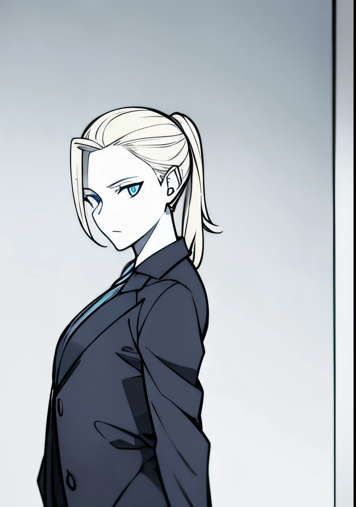 One Young Adult female, pale blonde slicked back into a short ponytail with a single bang on the left hand side, steel blue eyes, light and carefree expression, wearing black suit jacket and tie, portrait style, facing forwards