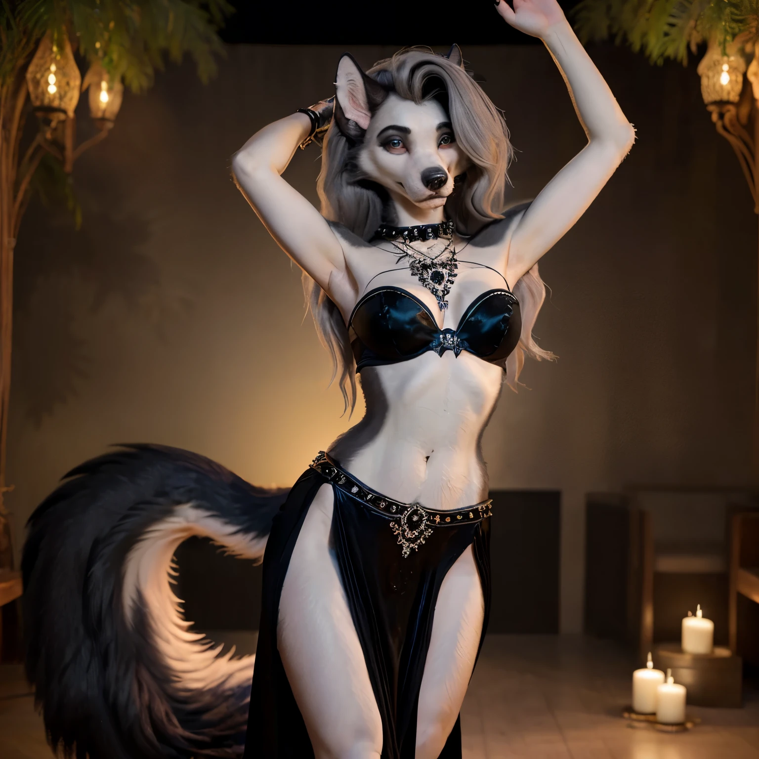 Loona, hellhound, sexy skinny body, sexy navel, belly dancer, black dress, black costume, jewelry, seductive belly dancing, realistic 4k