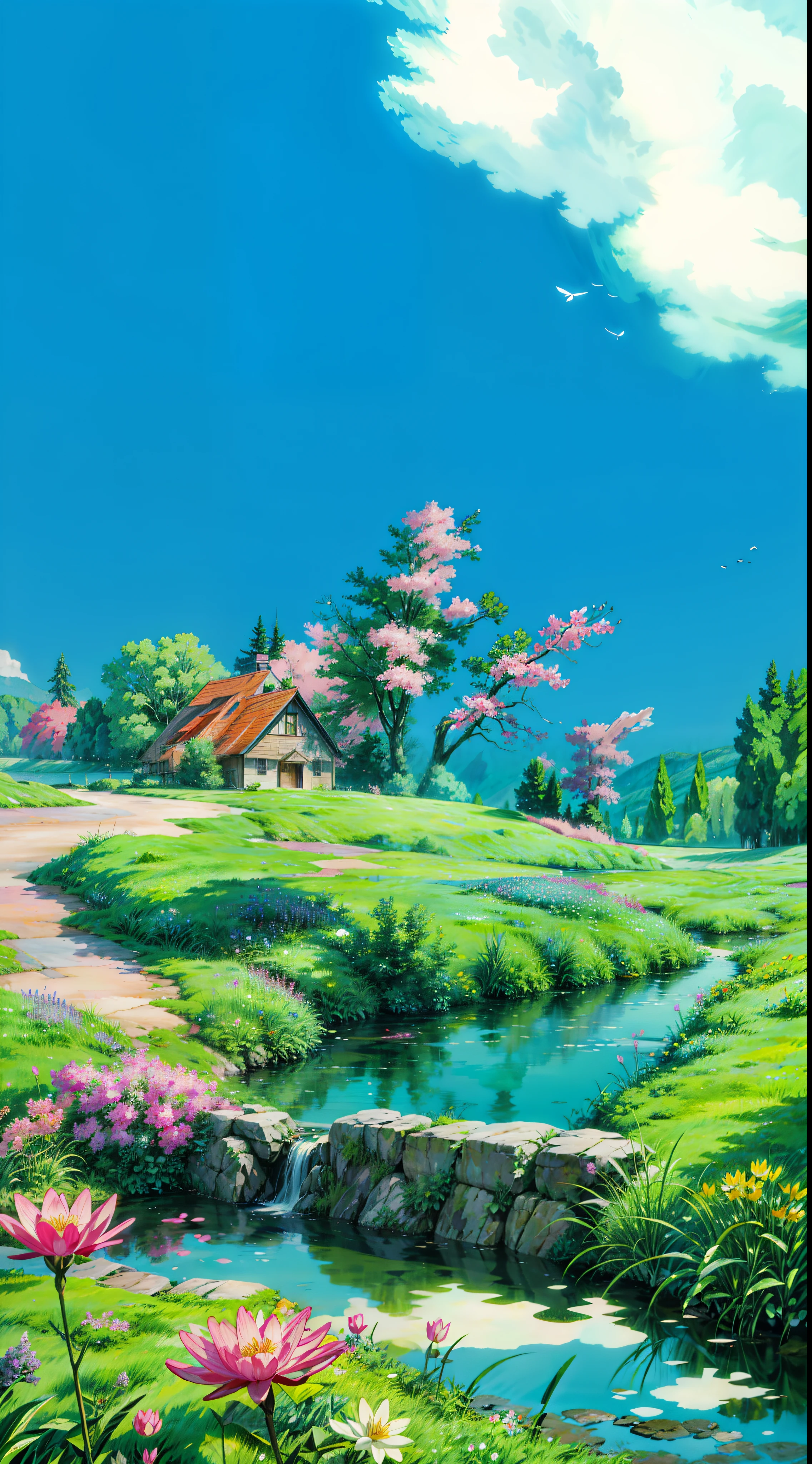 a small stream running through a lush green field, background of flowery hill, meadow background, anime scenery, anime beautiful peace scene, beautiful anime scenery, flowerfield, an aesthetic field of flowers, screenshot from a 2012s anime, grass and flowers, anime nature wallpap, anime nature, waterlily pond, flower fields, flower field, 4k hd,, beautiful art uhd 4 k, a beautiful artwork illustration, beautiful digital painting, highly detailed digital painting, beautiful digital artwork, detailed painting 4 k, very detailed digital painting, rich picturesque colors, gorgeous digital painting