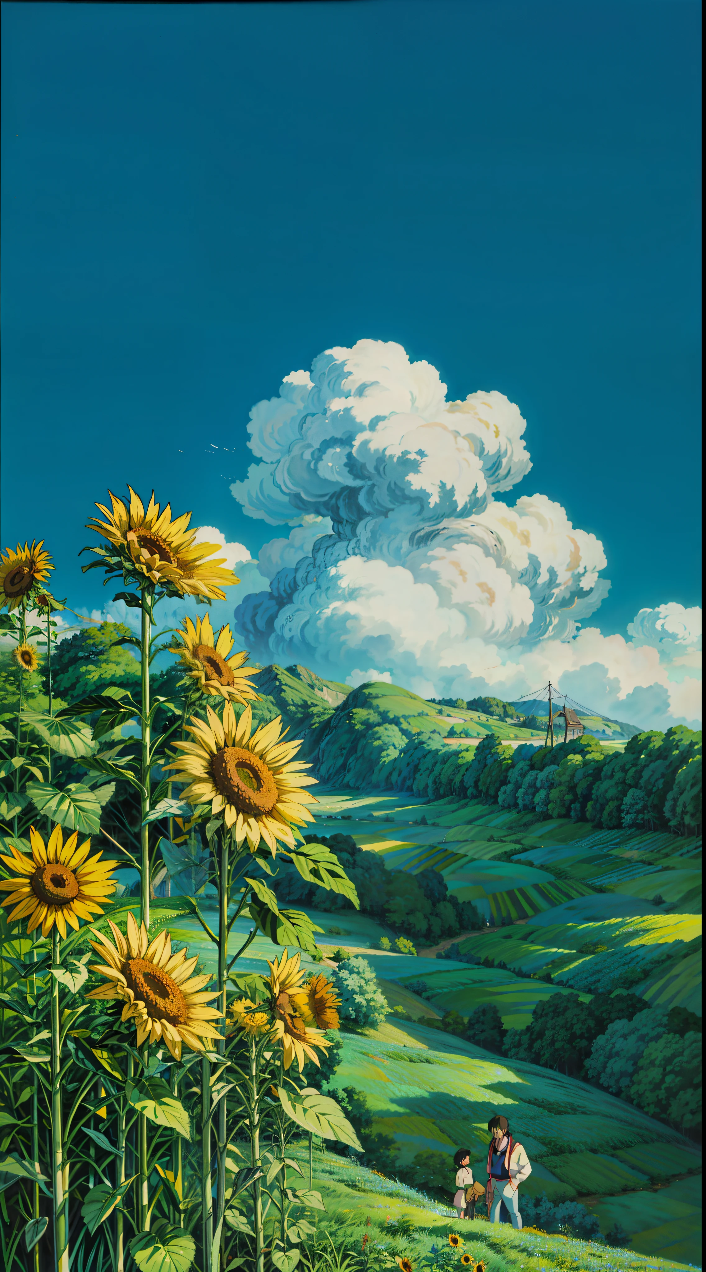 a painting of sunflowers in a field, by Kaii Higashiyama, from the studio ghibli film, studio ghibli painting, cinematic studio ghibli still, by makoto shinkai, by Makoto Shinkai, studio ghibli sky, studio ghibli anime screenshot, studio ghibli sunlight, anime countryside landscape, ghibli and ilya kuvshinov, studio ghibli smooth concept art, 4k hd,, beautiful art uhd 4 k, a beautiful artwork illustration, beautiful digital painting, highly detailed digital painting, beautiful digital artwork, detailed painting 4 k, very detailed digital painting, rich picturesque colors, gorgeous digital painting