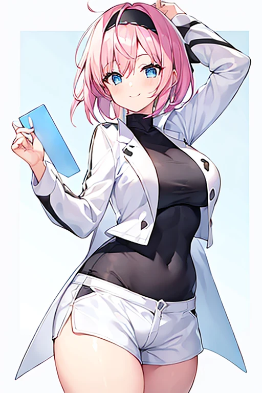 1girl, pink hair, very short hair, black headband, headband, large breasts, thick thighs, hourglass figure, smile, blue eyes, white pants, white shorts, short pants, jacket, white jacket, cropped jacket, black shirt, shirt, eula, eula /(genshin impact/), tall, tall female, toned,
