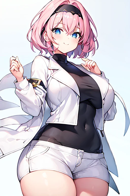 1girl, pink hair, very short hair, black headband, headband, large breasts, thick thighs, hourglass figure, smile, blue eyes, white pants, white shorts, short pants, jacket, white jacket, cropped jacket, black shirt, shirt, eula, eula /(genshin impact/), tall, tall female, toned,
