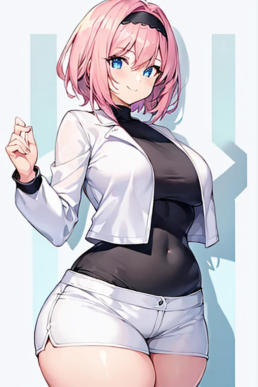 1girl, pink hair, very short hair, black headband, headband, large breasts, thick thighs, hourglass figure, smile, blue eyes, white pants, white shorts, short pants, jacket, white jacket, cropped jacket, black shirt, shirt, eula, eula /(genshin impact/), tall, tall female, toned,