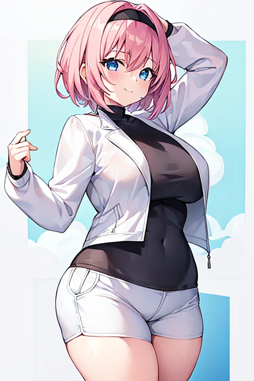 1girl, pink hair, very short hair, black headband, headband, large breasts, thick thighs, hourglass figure, smile, blue eyes, white pants, white shorts, short pants, jacket, white jacket, cropped jacket, black shirt, shirt, eula, eula /(genshin impact/), tall, tall female, toned,