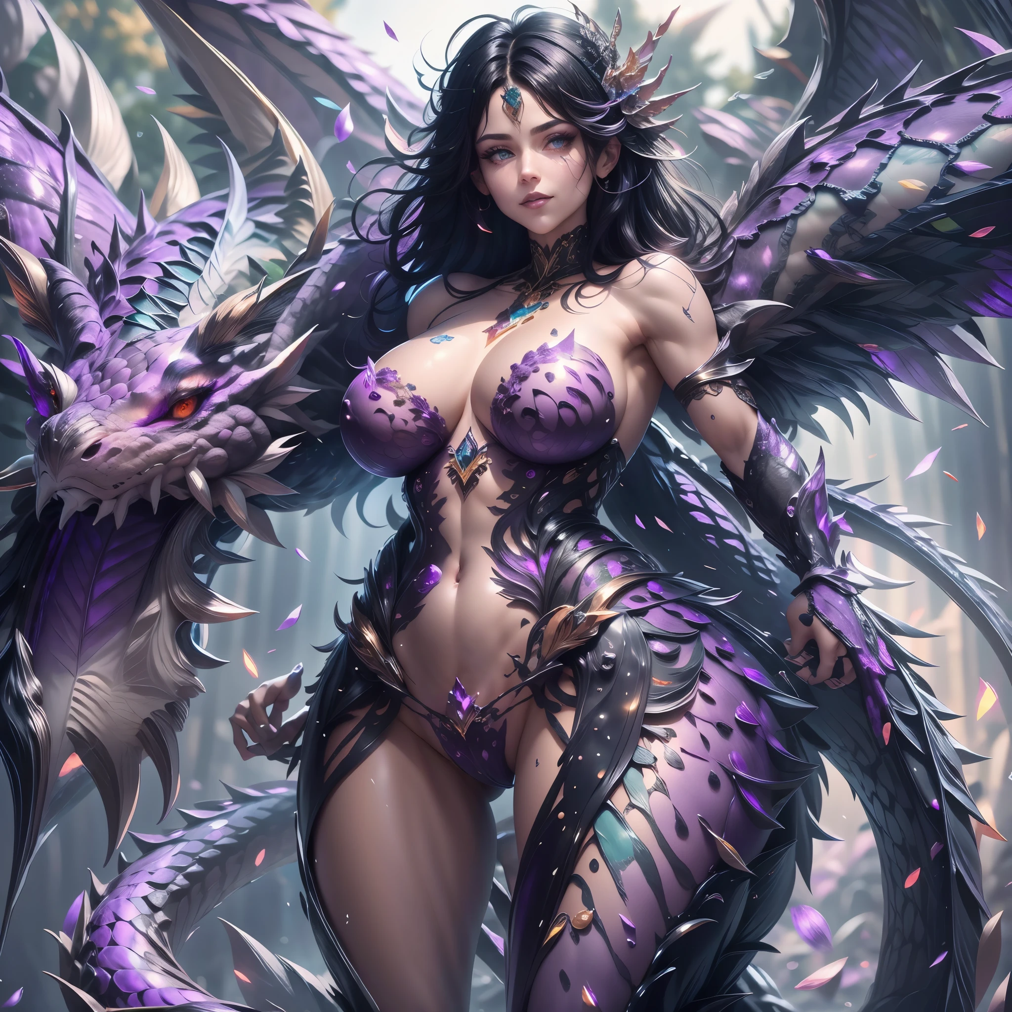 (best quality,4k,8k,highres,masterpiece:1.2, portrait), ultra-detailed, realistic, naked sexy dragon woman with violet glittering scales, skin is glittering amethyst purple scales, medium length black hair with white highlights, very playful but mischievous smile, huge tits, gigantic breasts, naked, nude, detailed crotch, detailed vulva, sexy pose, spread legs, playful, bi-coloured eyes, heterochromia, lustful