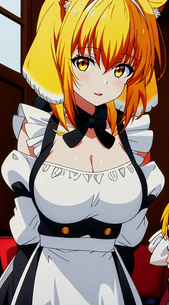 best quality, high_resolution, distinct_image,1 cat girl with cat ears,covered big breast, short yellow hair, yellow eye, maid dress