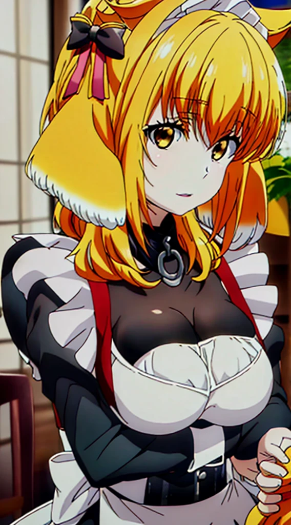 best quality, high_resolution, distinct_image,1 cat girl with cat ears,covered big breast, short yellow hair, yellow eye, maid dress