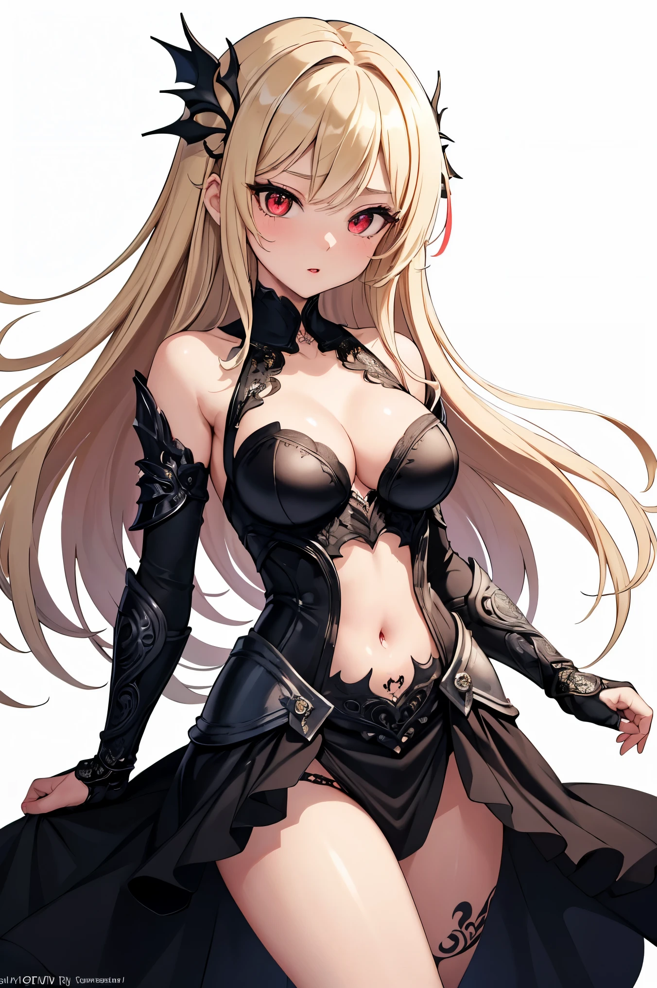 1girl, anime, cute girl, blank background, white background, fantasy, detailed fantasy dress with highlights, beautiful face, beautiful eyes, dark colors, black hair with multicolor streaks, red eye with different color pupil in eye, multicolor eye, medium small breasts (slightly big), slight cleavage, beautiful skin, cute, breast curtains, extremely delicate and beautiful, (beautiful detailed face:1.0), (detailed deep eyes), symmetrical breasts, deep eyes, shiny skin, portrait, slender waist, hips wider than shoulders, thighs, expressionless, young girl, luminous eyes, adorable,(Kpop idol),(aegyo sal:1),(Platinum blonde hair:1),((puffy eye)),Black panty,sexy posture,Superskirt, ultra high resolution,Black collar,slim figure, Abdominal y tattoo, womb tattoo,Tight-fitting leg ring,y tattoo on half-body,Bare skin, Armored hand,Hidden fingertips,Hand covered,Arm covered,Fist covered,{{beautiful detailed fingers}}, tufts of hair, moderate beautiful breast:1.0,(masterpiece:1.2), best quality, high-res, HDR, perfect face, intricate armor, delicate blue filigree, intricate filigree, red metalic parts, detailed part, dynamic pose, dynamic lights,