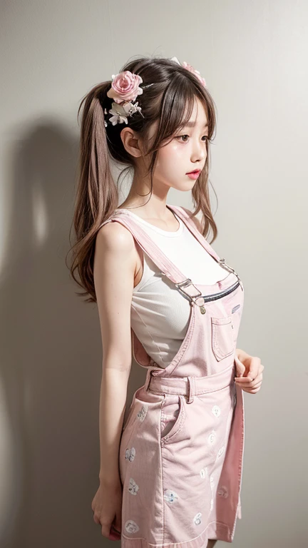 dungarees skirt a white with pink pattern thin flower pattern , big breast , twin tails hair
